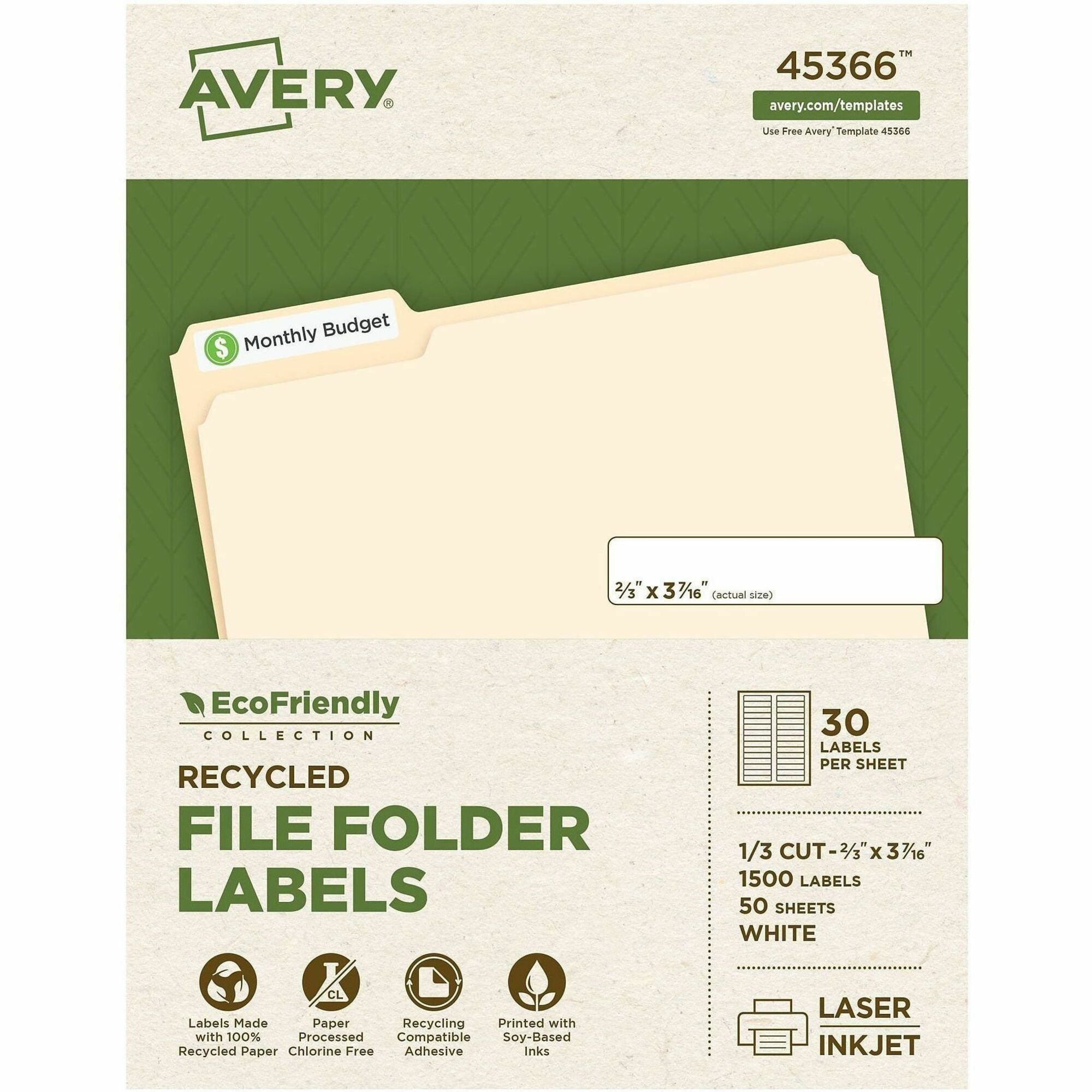 Avery EcoFriendly File Folder Labels, Matte White, 21/32" x 3 7/16", Permanent Adhesive, Rectangle, 30 Labels/Sheet, 30 Sheets, 1500 Labels/Box