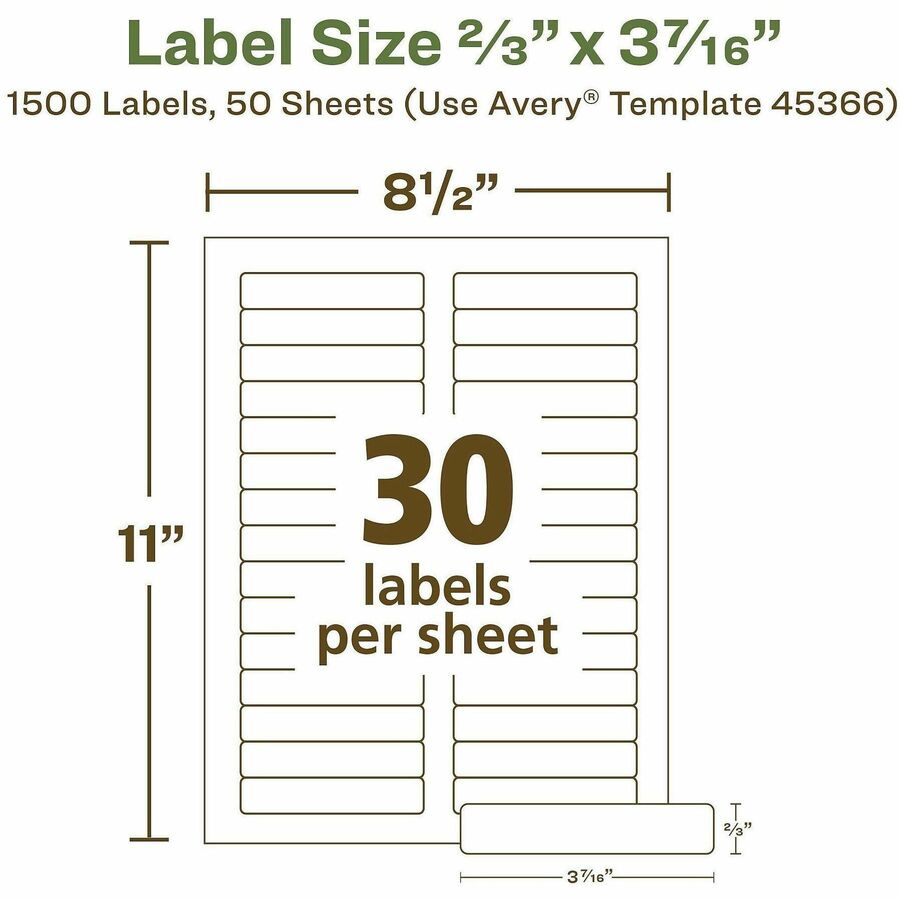 Avery EcoFriendly File Folder Labels, Matte White, 21/32" x 3 7/16", Permanent Adhesive, Rectangle, 30 Labels/Sheet, 30 Sheets, 1500 Labels/Box