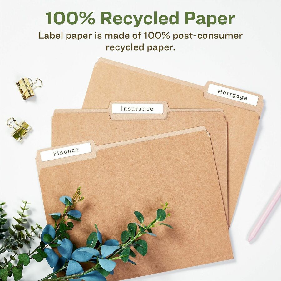 Avery EcoFriendly File Folder Labels, Matte White, 21/32" x 3 7/16", Permanent Adhesive, Rectangle, 30 Labels/Sheet, 30 Sheets, 1500 Labels/Box