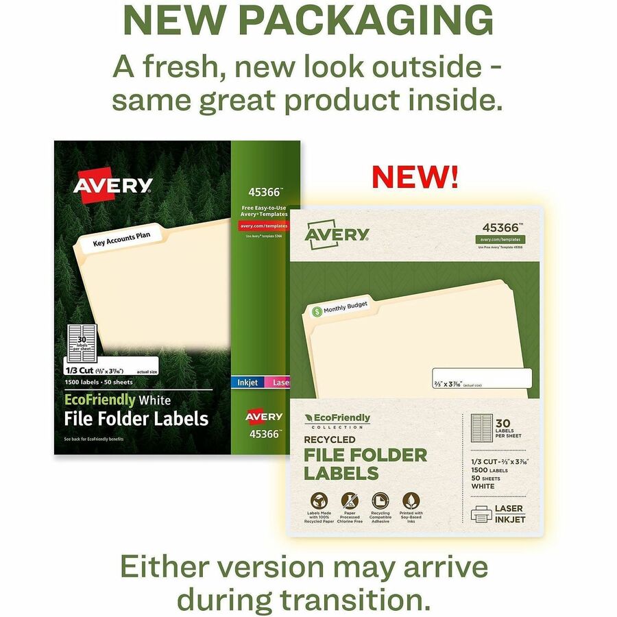 Avery EcoFriendly File Folder Labels, Matte White, 21/32" x 3 7/16", Permanent Adhesive, Rectangle, 30 Labels/Sheet, 30 Sheets, 1500 Labels/Box