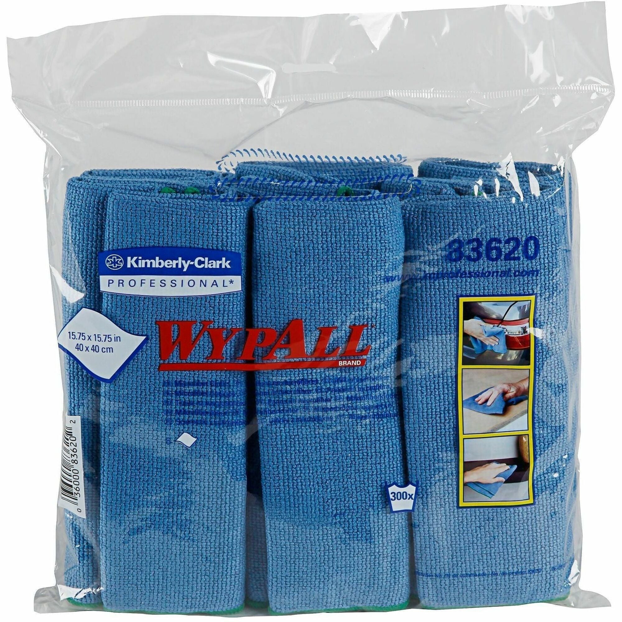 Wypall Microfiber Cloths, General Purpose, Blue, 15.75" x 15.75", Anti-bacterial, Durable, Absorbent, Launderable, Environmentally Friendly, 6 Cloths per Pack