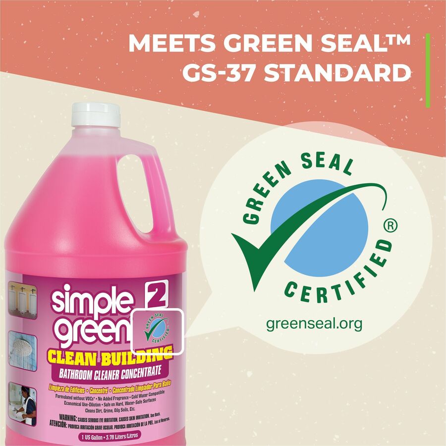 Simple Green Clean Building Bathroom Cleaner - For Bathroom - Concentrate - Liquid - 128 fl oz (4 quart) - Non-flammable, Fragrance-free - Pink - 1 Each