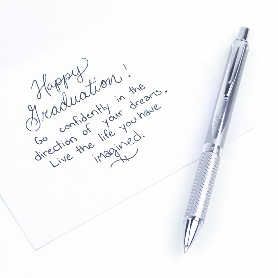 Pentel EnerGel Alloy Rollerball Pen - 0.7 mm Medium Pen Point - Refillable - Retractable - Black Ink - Gel-based - Metallic Silver Metal Barrel - Stainless Steel Tip - 1 Each