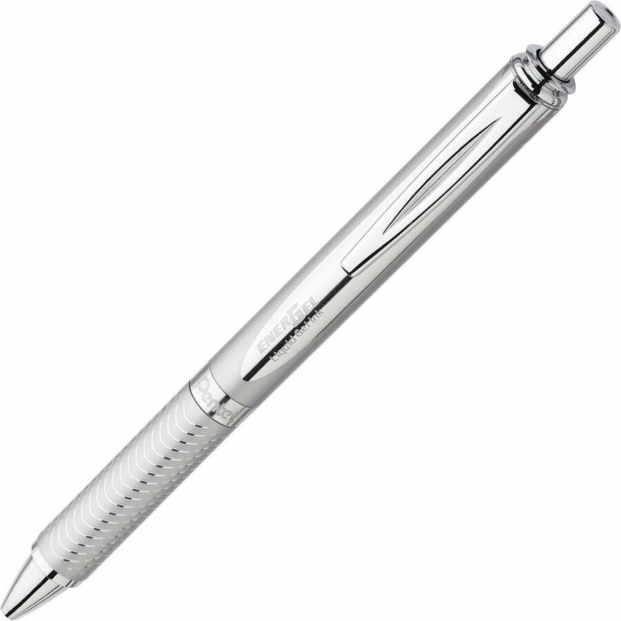 Pentel EnerGel Alloy Rollerball Pen - 0.7 mm Medium Pen Point - Refillable - Retractable - Black Ink - Gel-based - Metallic Silver Metal Barrel - Stainless Steel Tip - 1 Each