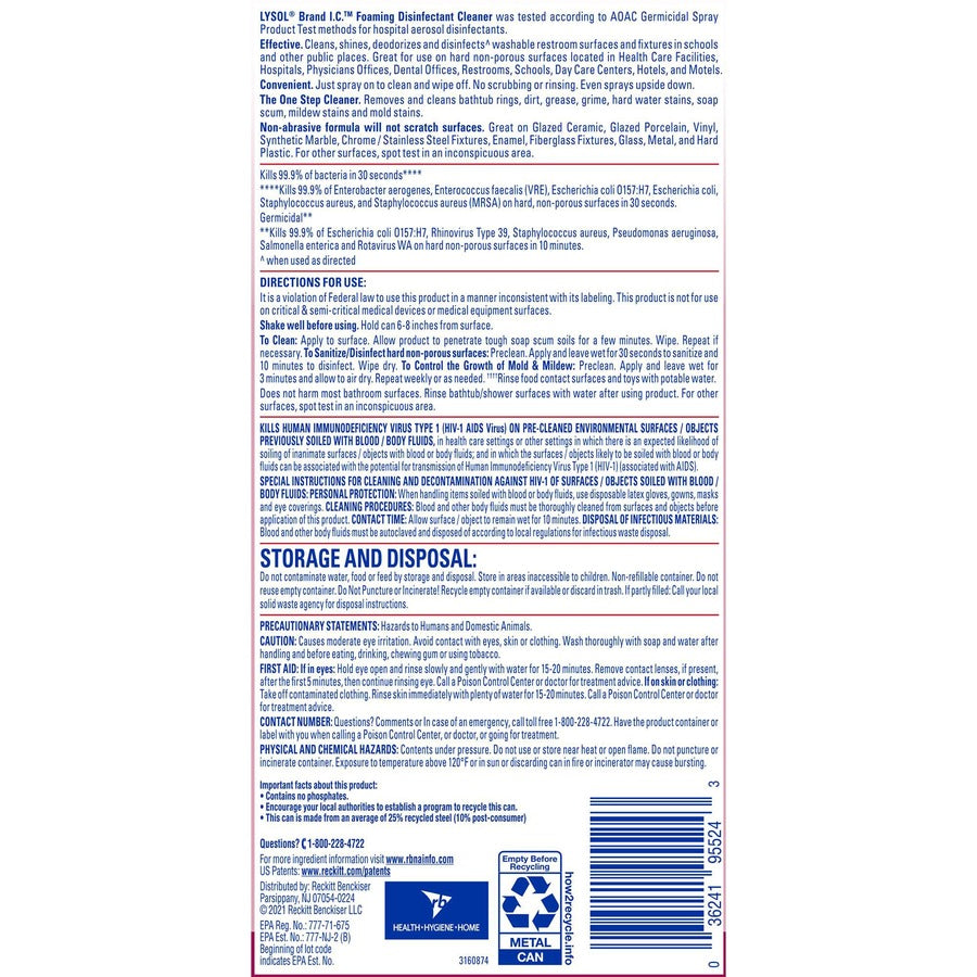 Lysol I.C. Foam Disinfectant - Ready-To-Use - 24 fl oz (0.8 quart) - Non-abrasive, Bleach-free, Anti-bacterial, Deodorize, Rinse-free, Scrub-free - White Aerosol Spray Can - 1 Each