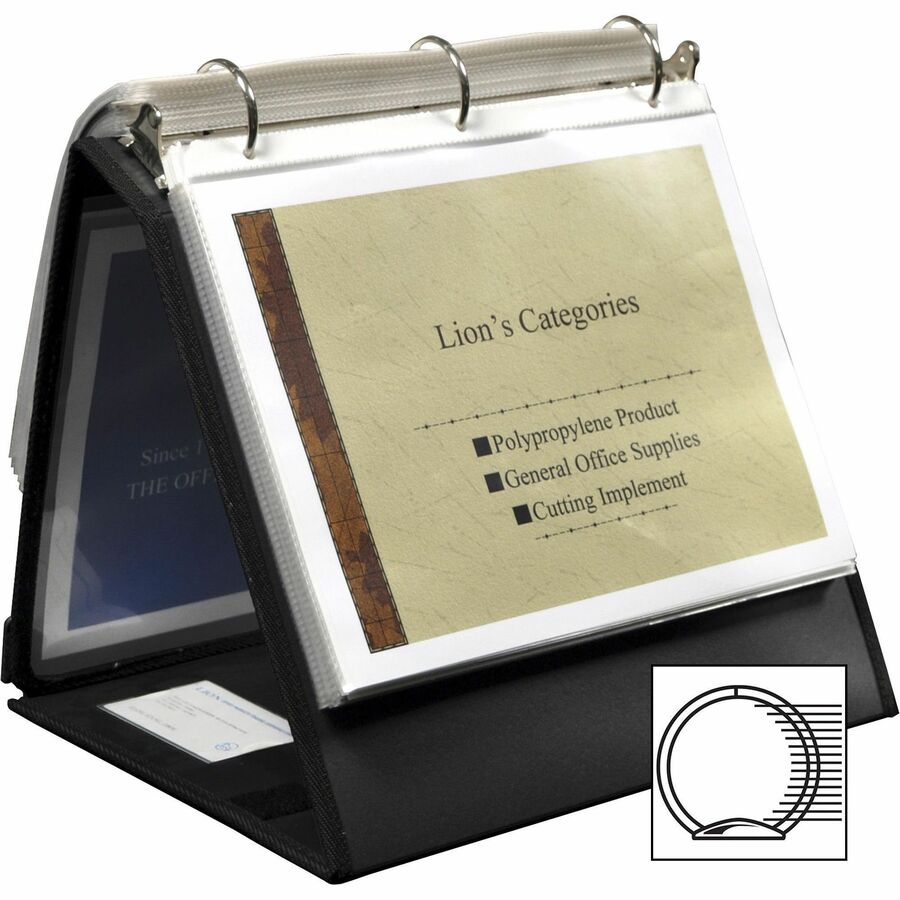 Lion Insta-Cover Round Ring Easel Binder, 1 1/2" Capacity, Letter Size (8 1/2" x 11"), 3 Round Rings, 80 Pockets, Horizontal, Black, Recycled, Label Holder, Reinforced Sewn Edge, Business Card Holder, 1 Each