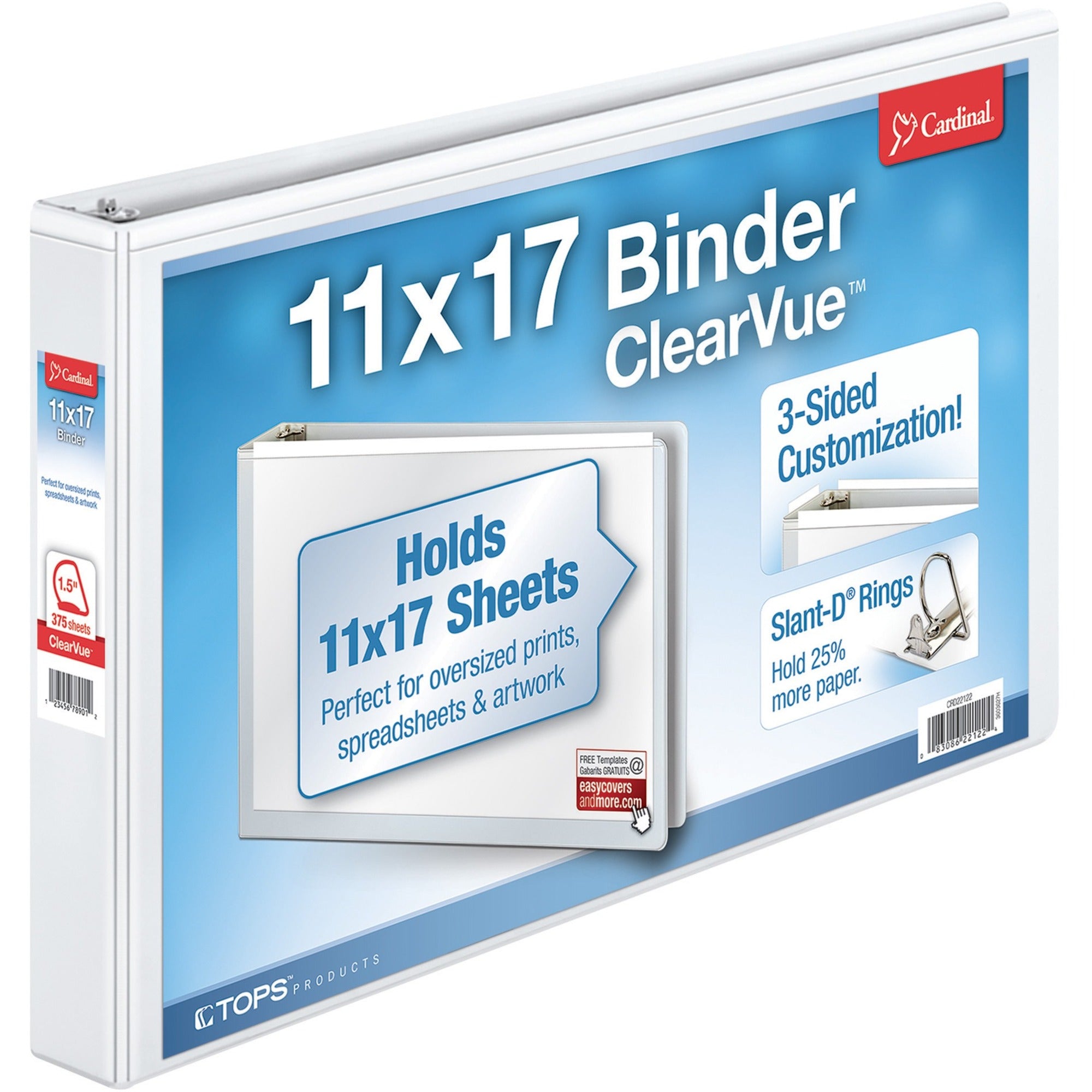 Cardinal ClearVue Overlay Tabloid D-Ring Binder, 1 1/2" Capacity, 11" x 17" Sheet Size, 375 Sheet Capacity, 3 D-Rings, White, Vinyl, Recycled, Clear Overlay, Non Locking Mechanism, 1 Each