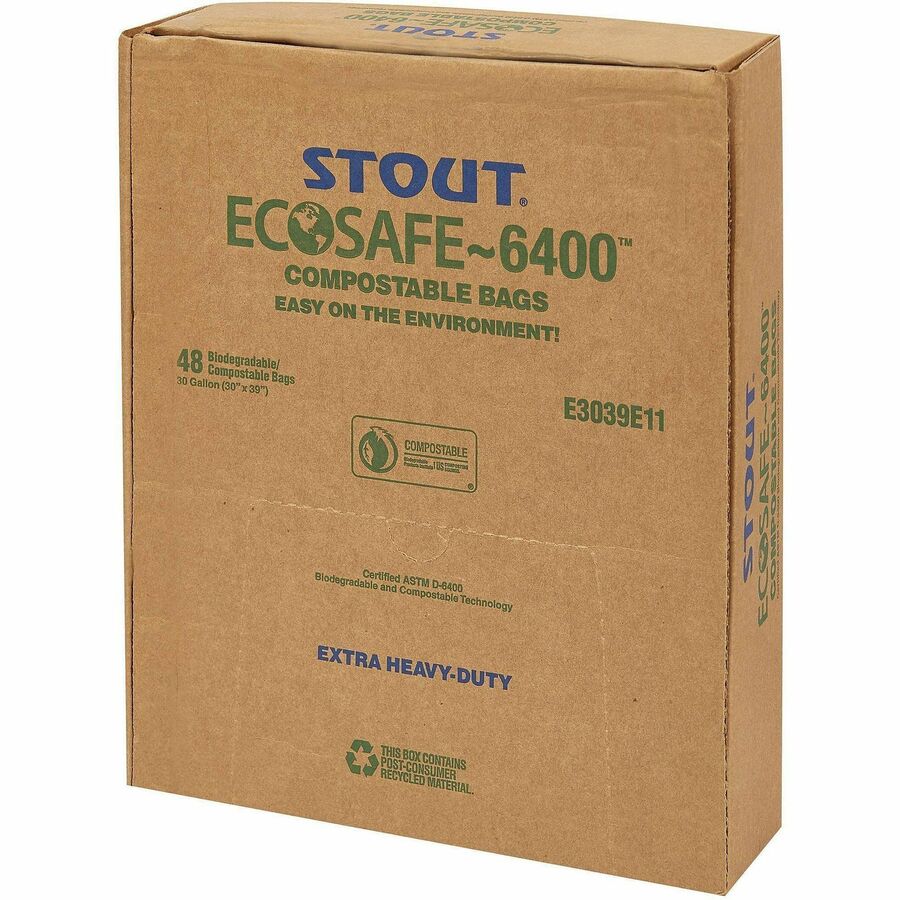 Stout EcoSafe Trash Bags - 13 gal Capacity - 30" Length x 24" Width x 0.85 mil (22 Micron) Thickness - Green - 1 Carton