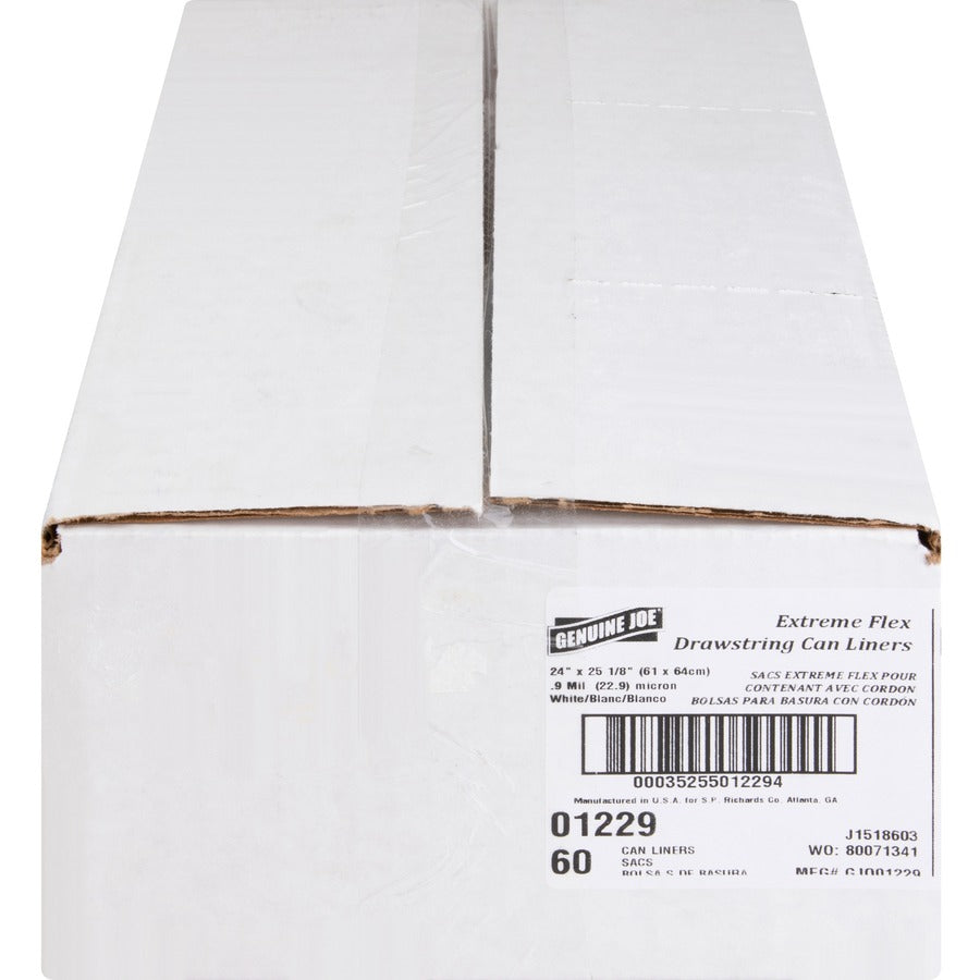 Genuine Joe Flexible Drawstring Trash Can Liners - Small Size - 13 gal Capacity - 25.13" Length x 24" Width x 0.90 mil (23 Micron) Thickness - Low Density - Drawstring Closure - White - Resin - 60/Box - 1 Carton