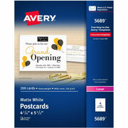 Avery Postcards, 5 1/2" x 4 1/4", 80 lb, 216 g/m², Matte, 97 Brightness, Perforated, Heavyweight, Rounded Corners, Jam-free, Smudge-free, Double-sided, Uncoated, White, 200/Box