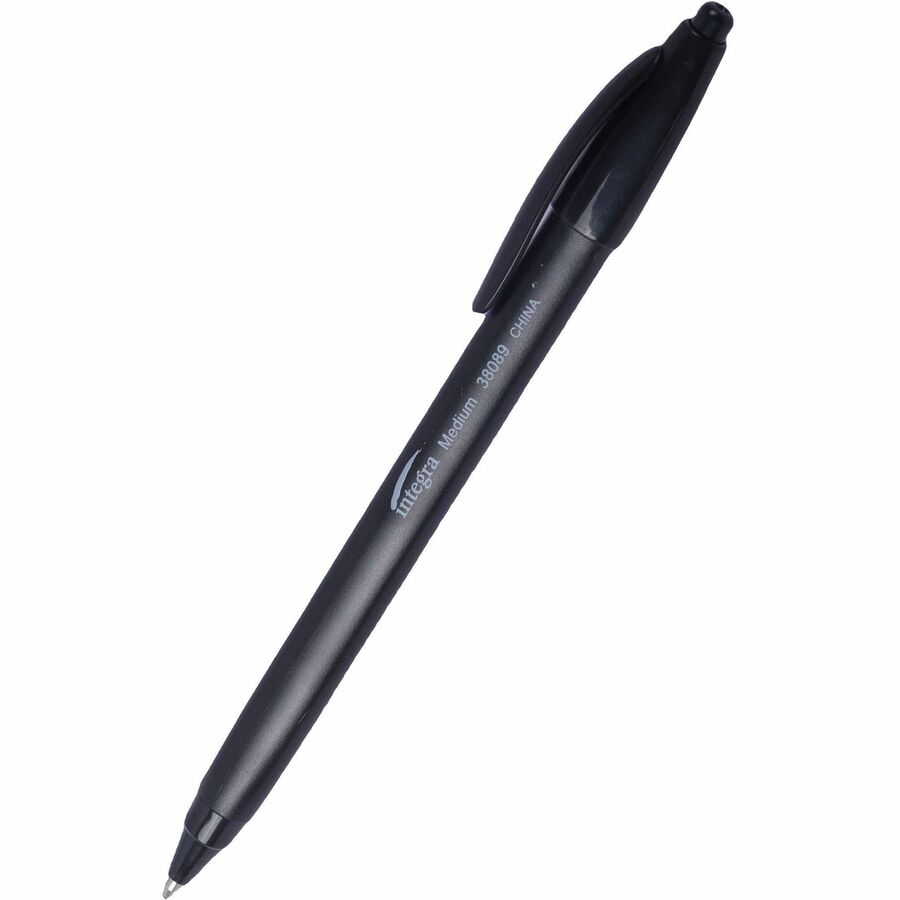 Integra Triangular Barrel Retractable Ballpnt Pens - Medium Pen Point - Retractable - Black Ink - Black Plastic Barrel - 1 Dozen