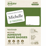 Avery Eco-friendly Premium Name Badge Labels, Matte White, Removable Adhesive, Rectangle, 2 21/64" x 3 3/8", 8 Labels/Sheet, 8 Sheets, 400 Labels/Box