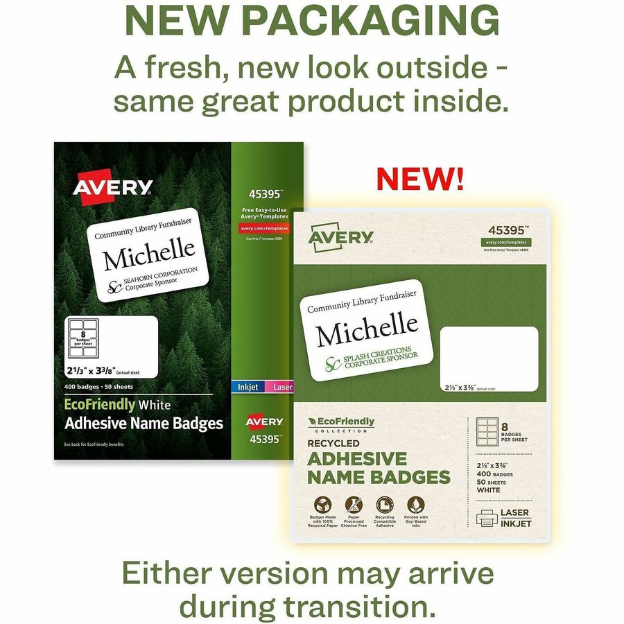 Avery Eco-friendly Premium Name Badge Labels, Matte White, Removable Adhesive, Rectangle, 2 21/64" x 3 3/8", 8 Labels/Sheet, 8 Sheets, 400 Labels/Box