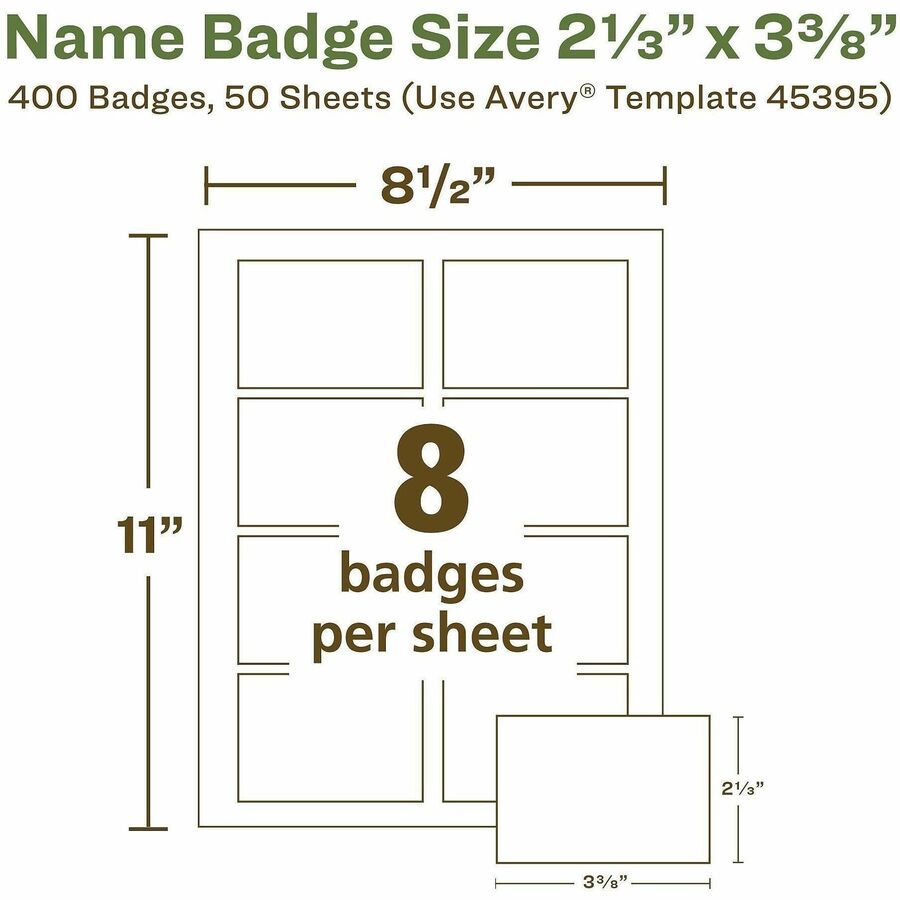Avery Eco-friendly Premium Name Badge Labels, Matte White, Removable Adhesive, Rectangle, 2 21/64" x 3 3/8", 8 Labels/Sheet, 8 Sheets, 400 Labels/Box