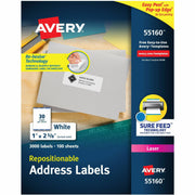 1" Width x 2 5/8" Length - Permanent Adhesive - Rectangle - Laser - Matte White - Matte - Paper - Adhesive, Customizable, Jam Resistant, Removable, Repositionable - 30 / Sheet - 30 Total Sheets - 3000 Total Label(s) - 1 Box
