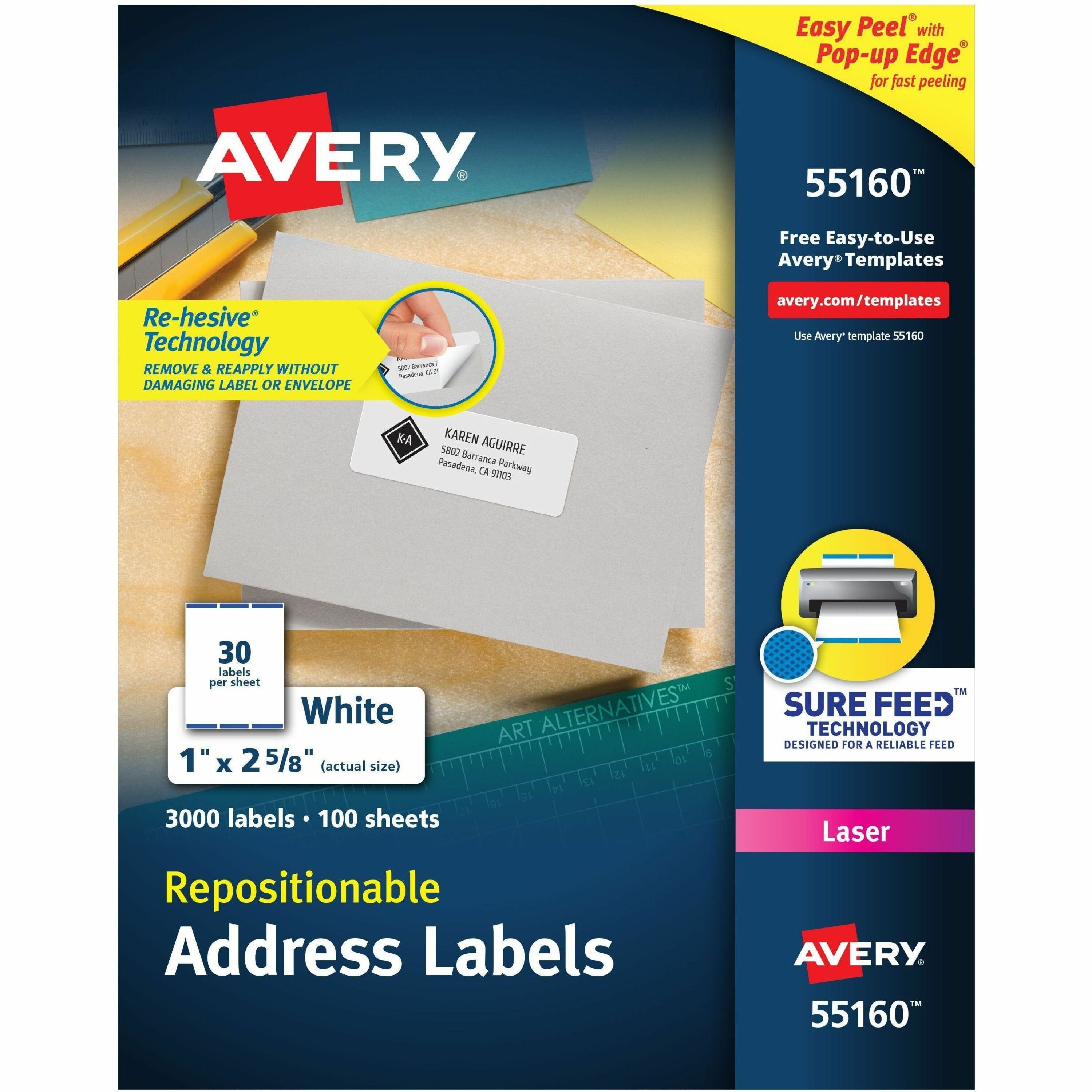 1" Width x 2 5/8" Length - Permanent Adhesive - Rectangle - Laser - Matte White - Matte - Paper - Adhesive, Customizable, Jam Resistant, Removable, Repositionable - 30 / Sheet - 30 Total Sheets - 3000 Total Label(s) - 1 Box