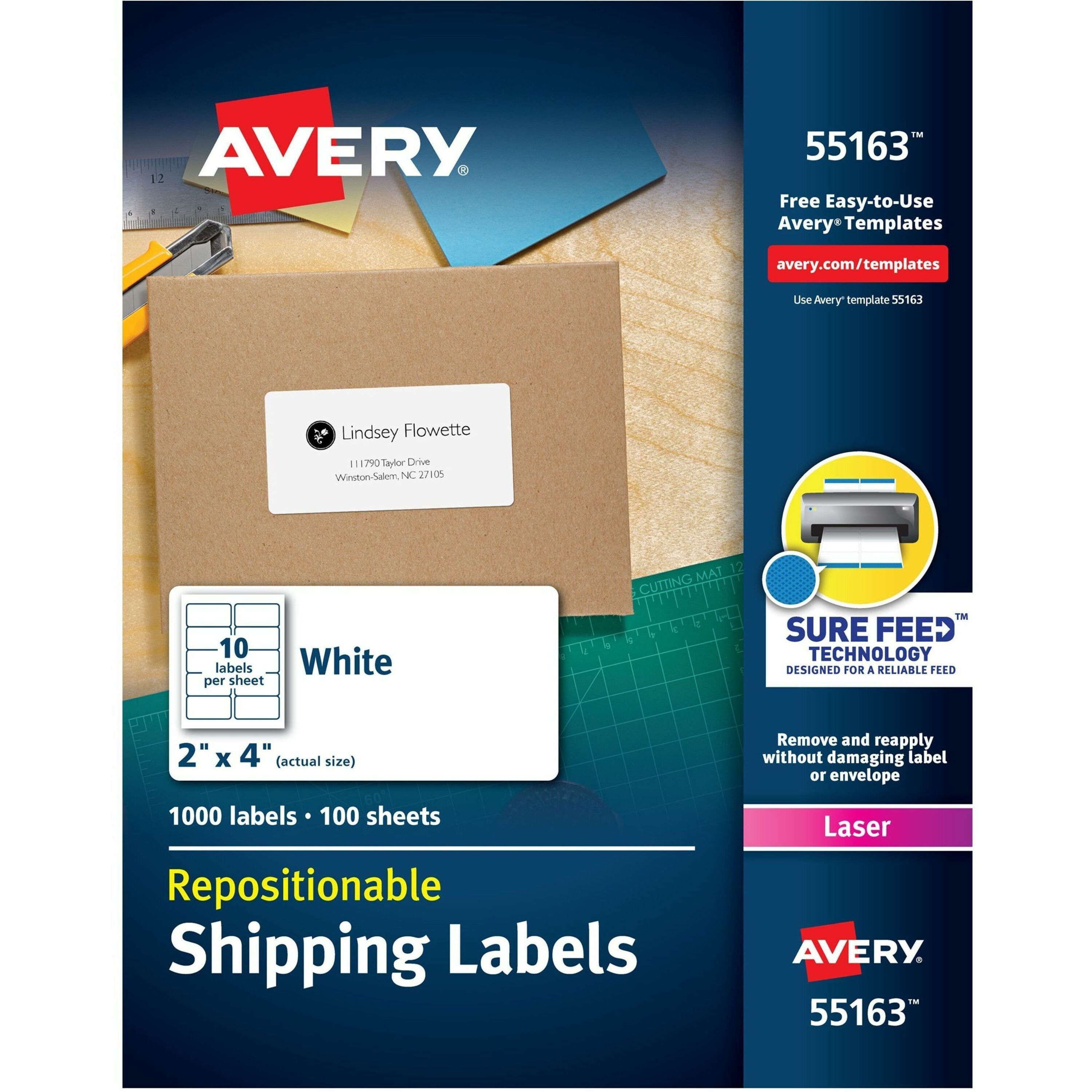 2" Width x 4" Length - Permanent Adhesive - Rectangle - Laser - Matte White - Matte - Paper - Repositionable, Adhesive, Customizable - 10 / Sheet - 10 Total Sheets - 1000 Total Label(s) - 1 Box