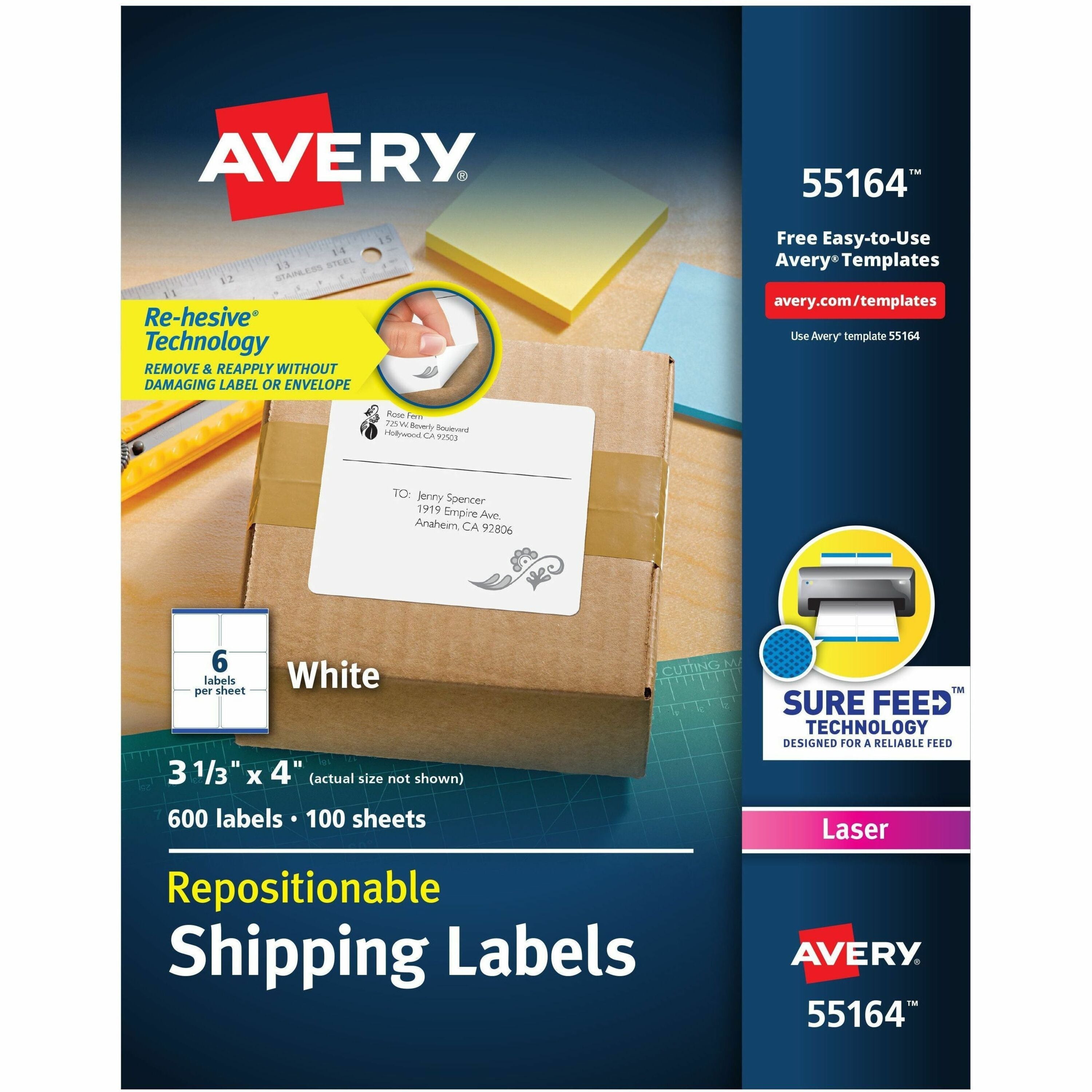 3 21/64" Width x 4" Length - Permanent Adhesive - Rectangle - Laser - Matte White - Matte - Paper - Repositionable, Adhesive, Customizable, Jam Resistant - 6 / Sheet - 6 Total Sheets - 600 Total Label(s) - 1 Box
