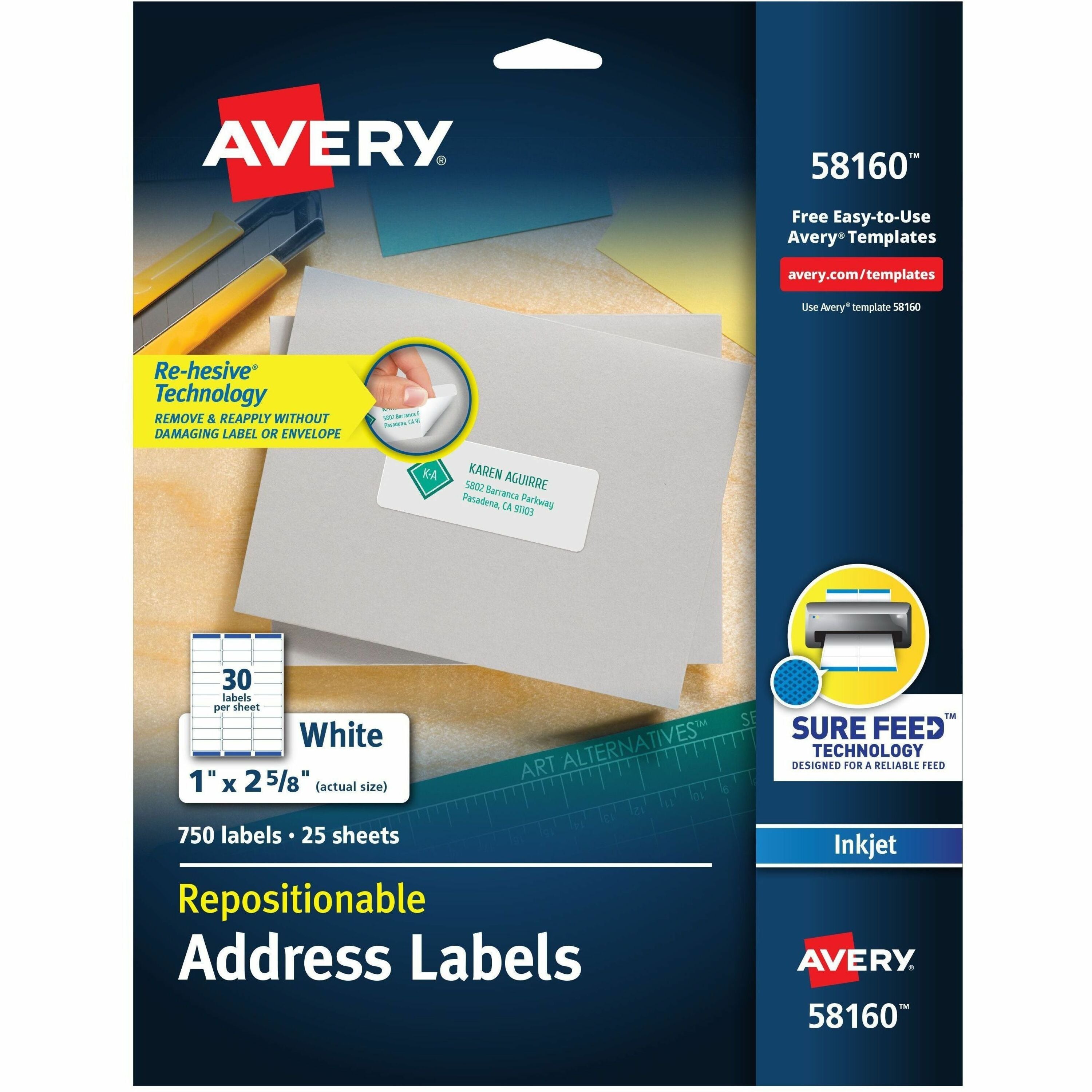 1" Width x 2 5/8" Length - Permanent Adhesive - Rectangle - Inkjet - Matte White - Matte - Paper - Adhesive, Customizable, Damage Resistant, Jam Resistant, Repositionable - 30 / Sheet - 30 Total Sheets - 750 Total Label(s) - 1 Pack