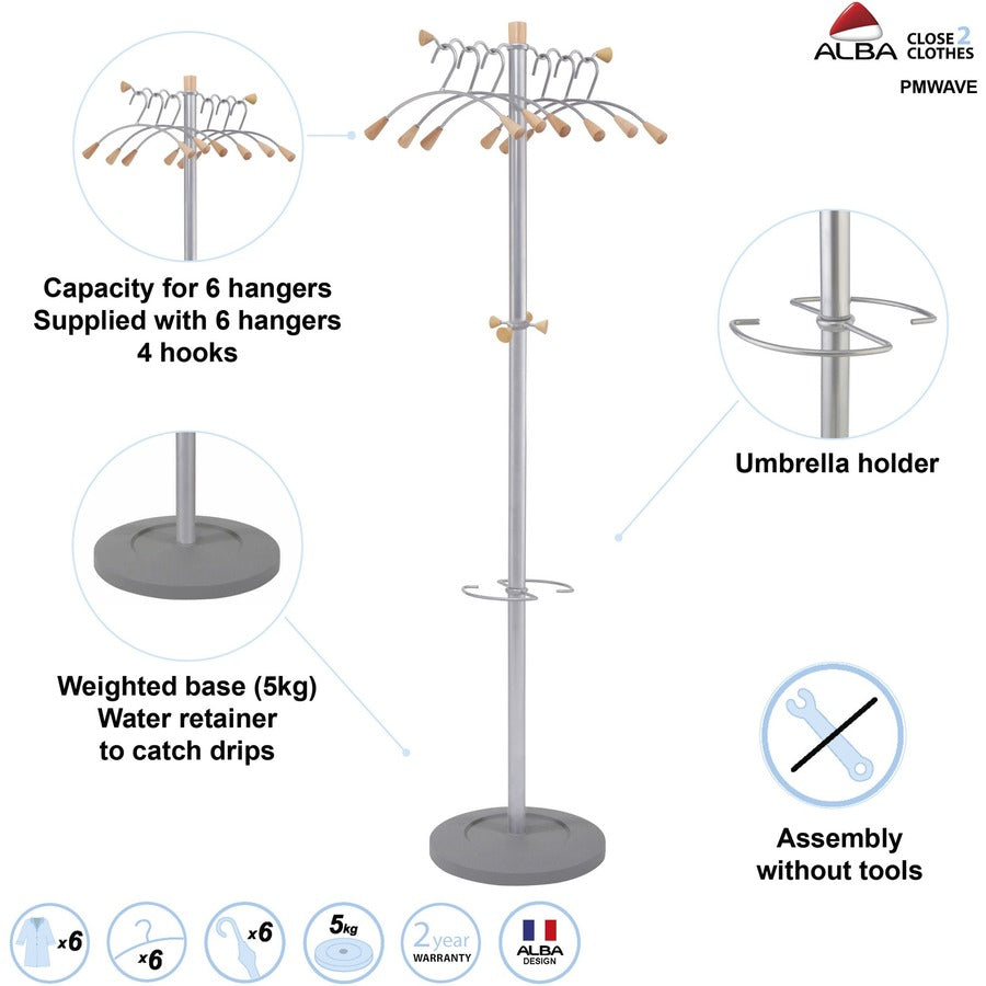 4 Hooks - 6 Hangers - 2 Pegs - 68.5" Height x 19.3" Width - for Garment - Wood, Metal - Chrome - 1 Each