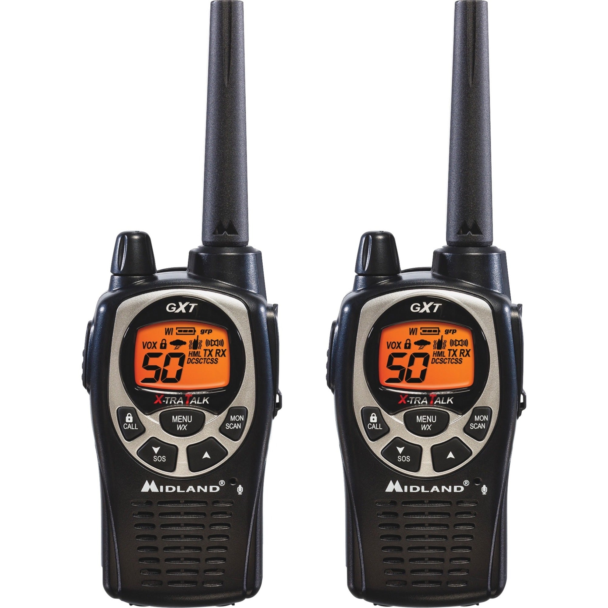 50 Radio Channels - 22 GMRS - Upto 158400 ft - Auto Squelch, Hands-free, Keypad Lock, Silent Operation - Alkaline - Black, Silver - 1 Each