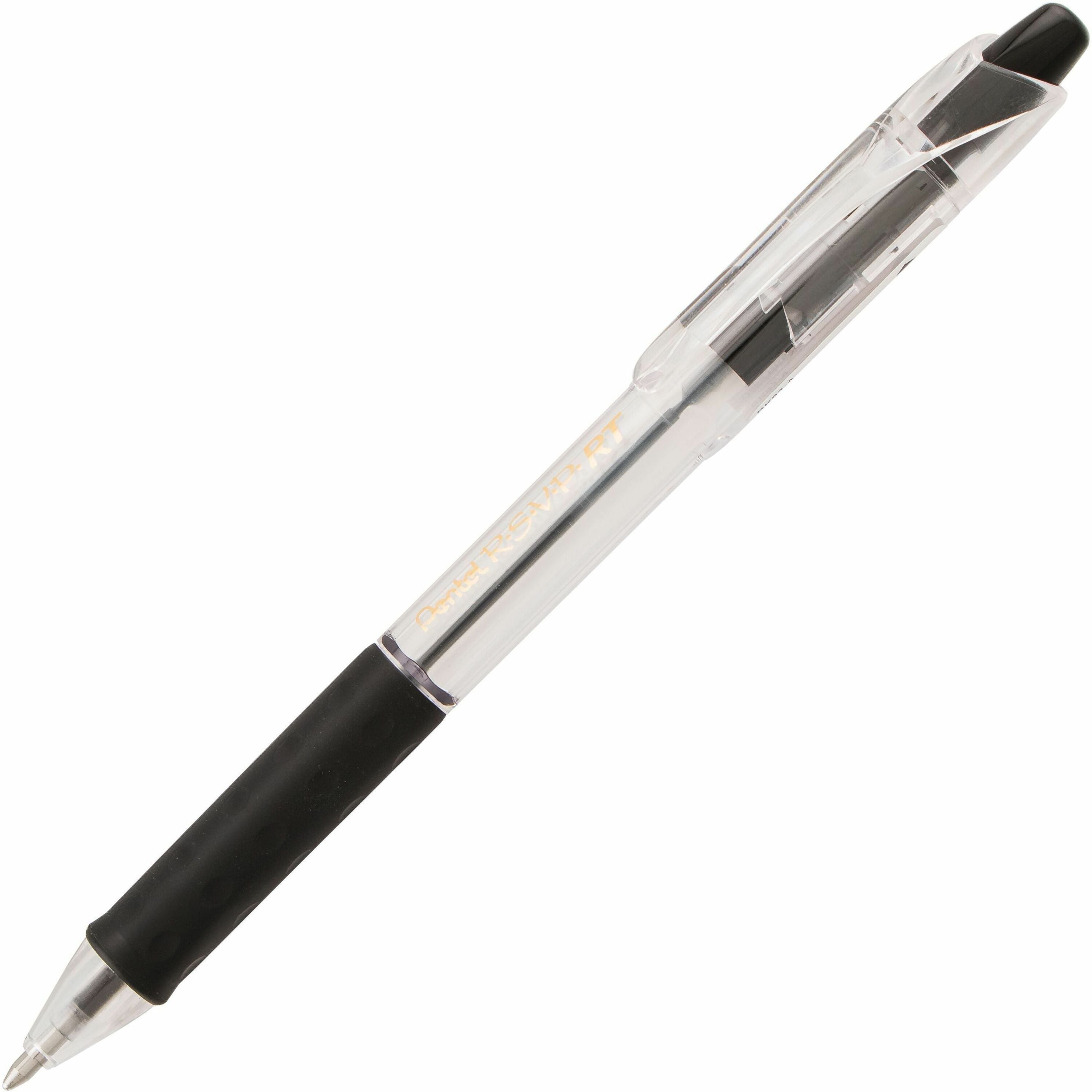 Pentel Recycled Retractable R.S.V.P. Pens - 1 mm Medium Pen Point - Refillable - Retractable - Black Ink - Oil Based - Clear, Transparent Barrel - Stainless Steel Tip - 1 Dozen