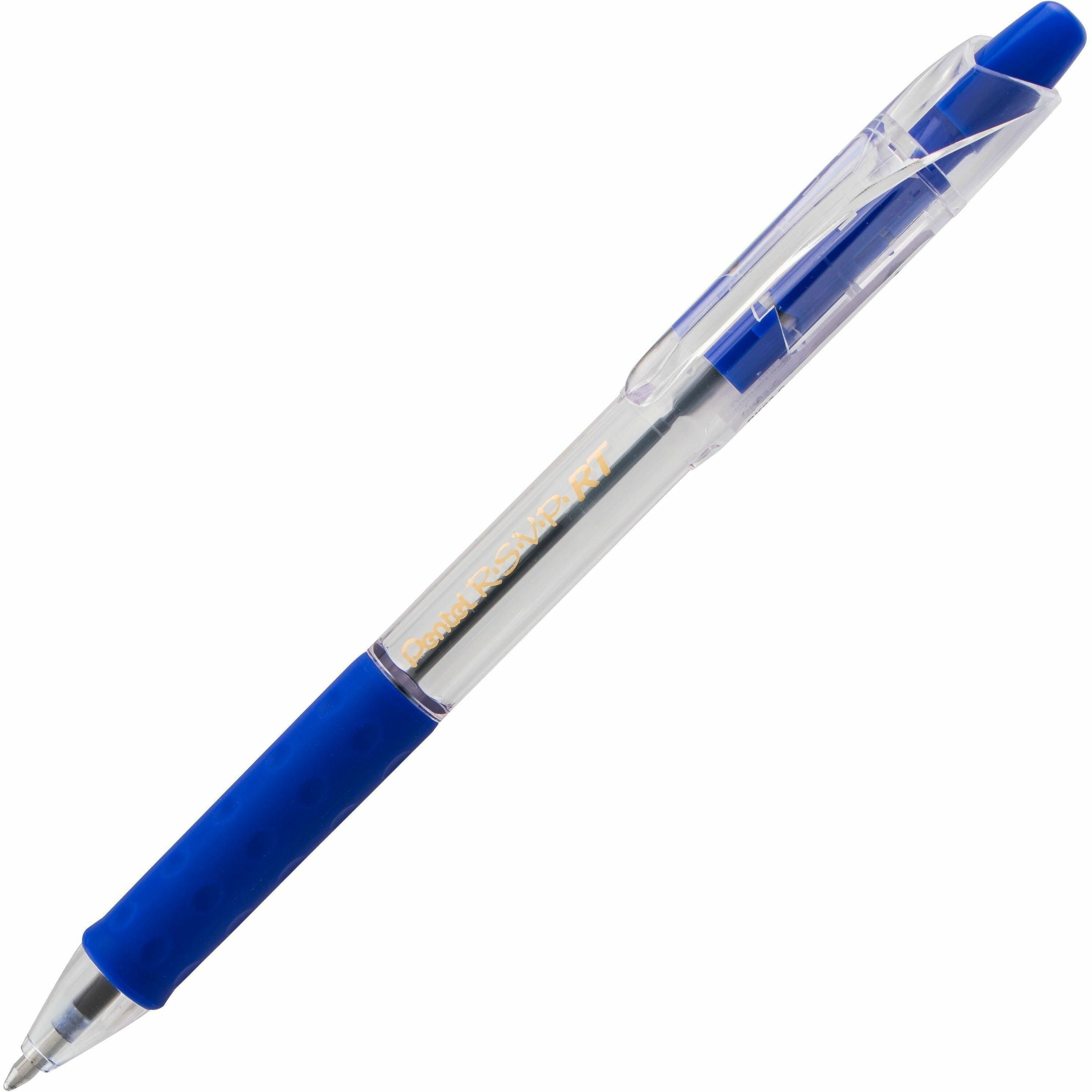 Pentel Recycled Retractable R.S.V.P. Pens - 1 mm Medium Pen Point - Refillable - Retractable - Blue Ink - Clear Barrel - Stainless Steel Tip - 1 Dozen