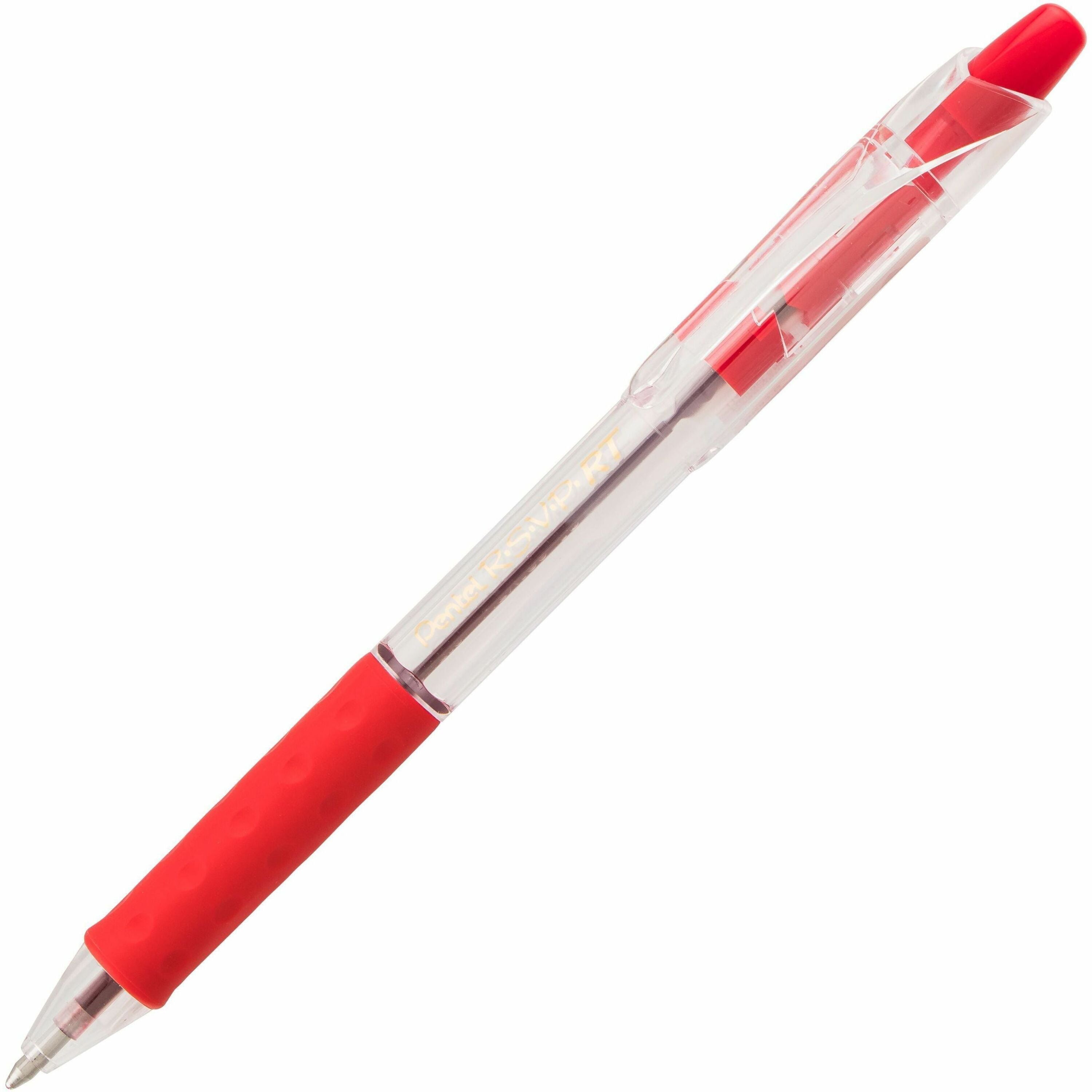 Pentel Recycled Retractable R.S.V.P. Pens - 1 mm Medium Pen Point - Refillable - Retractable - Red Ink - Clear Barrel - Stainless Steel Tip - 1 Dozen