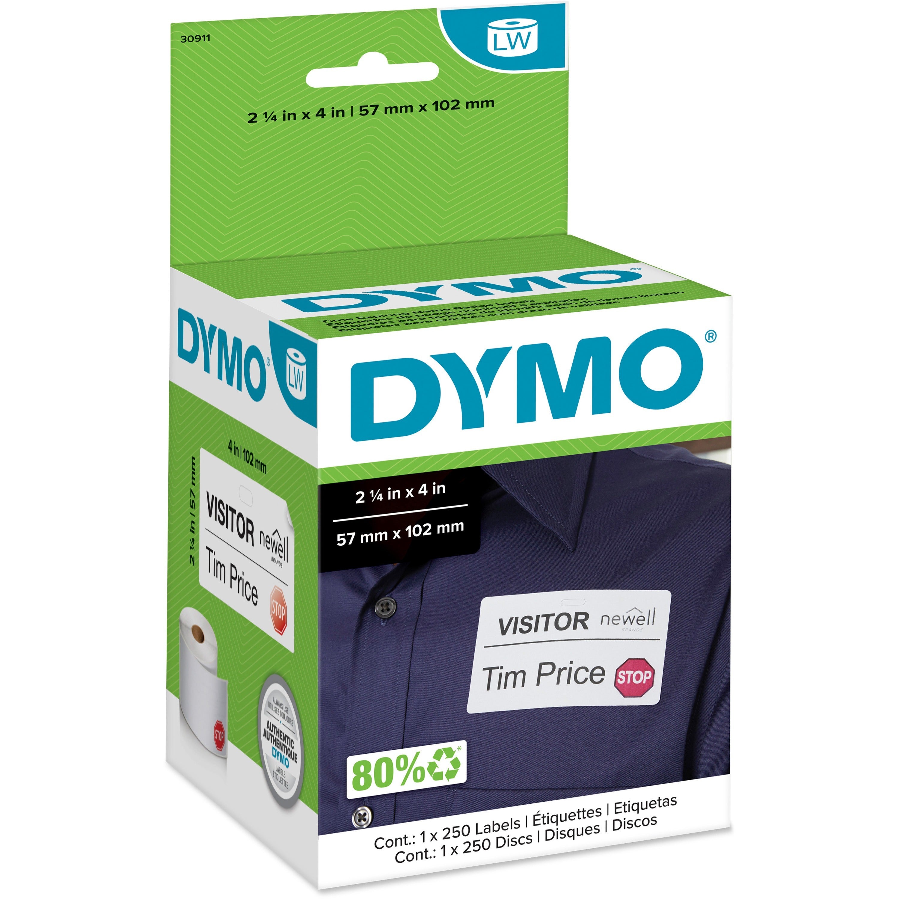 2 1/4" Width x 4" Length - Rectangle - White - 250 / Roll - 250 / Roll