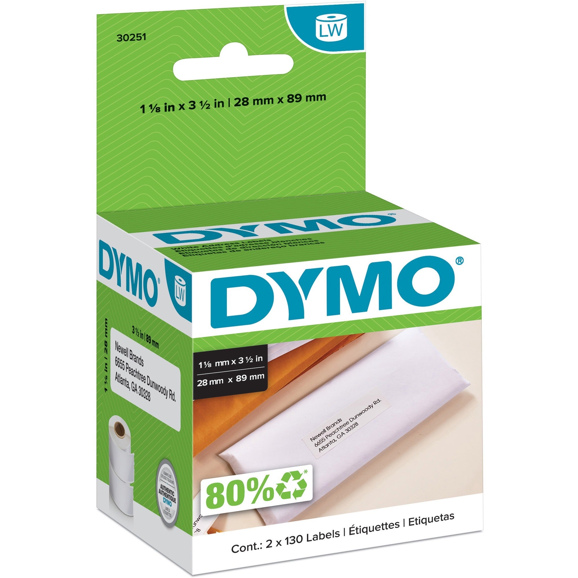 3 1/2" Width x 1 1/8" Length - Permanent Adhesive - Rectangle - Direct Thermal - White - Paper - Self-adhesive - 130 / Roll - 1 Box