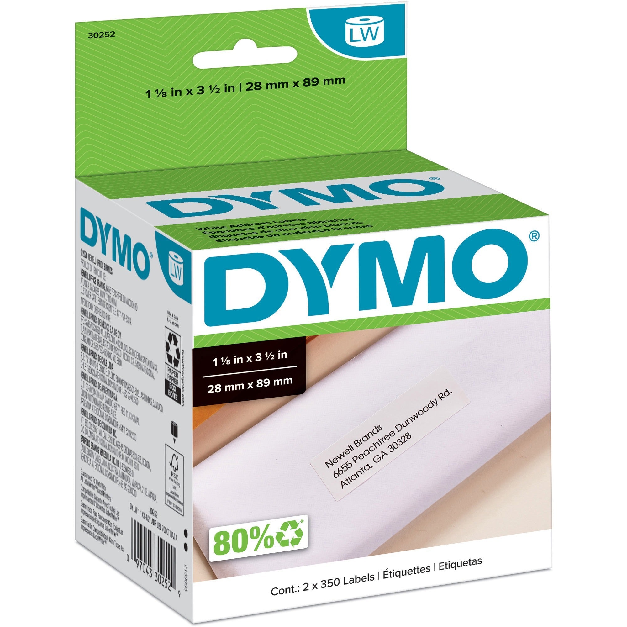 1 1/8" Width x 3 1/2" Length - White - Paper - Self-adhesive - 350 / Roll - 2 / Box