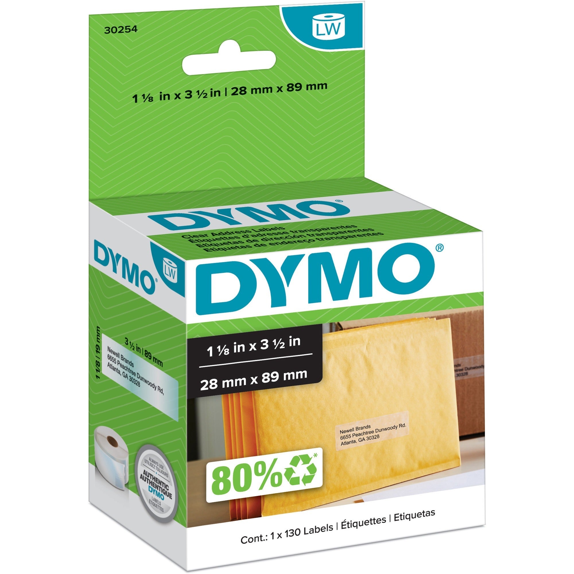 1 1/8" Width x 3 1/2" Length - Rectangle - Direct Thermal - Clear - 130 / Roll - 130 / Roll