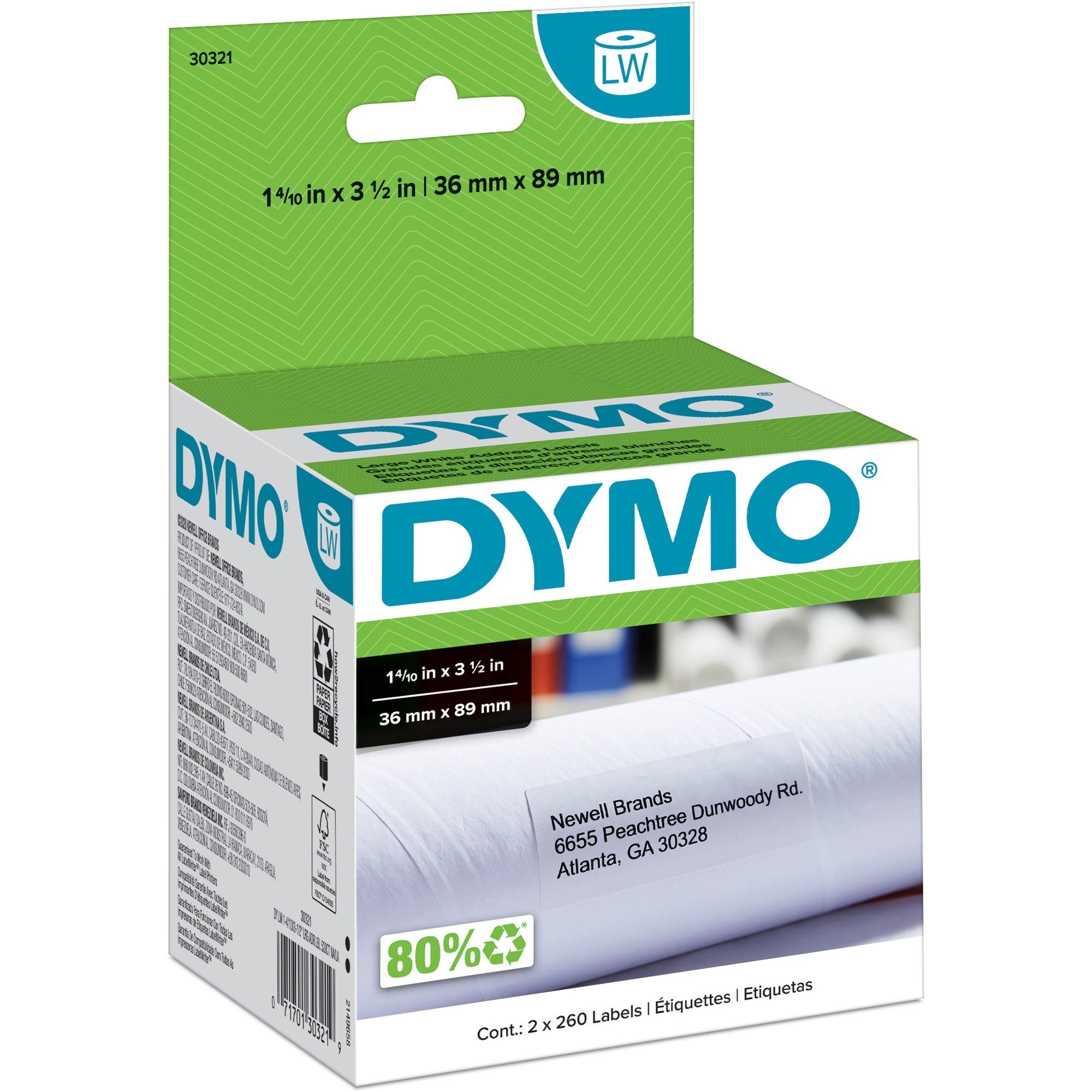 1 2/5" Width x 3 1/2" Length - Rectangle - Inkjet - White - 260 / Roll - 520 / Box