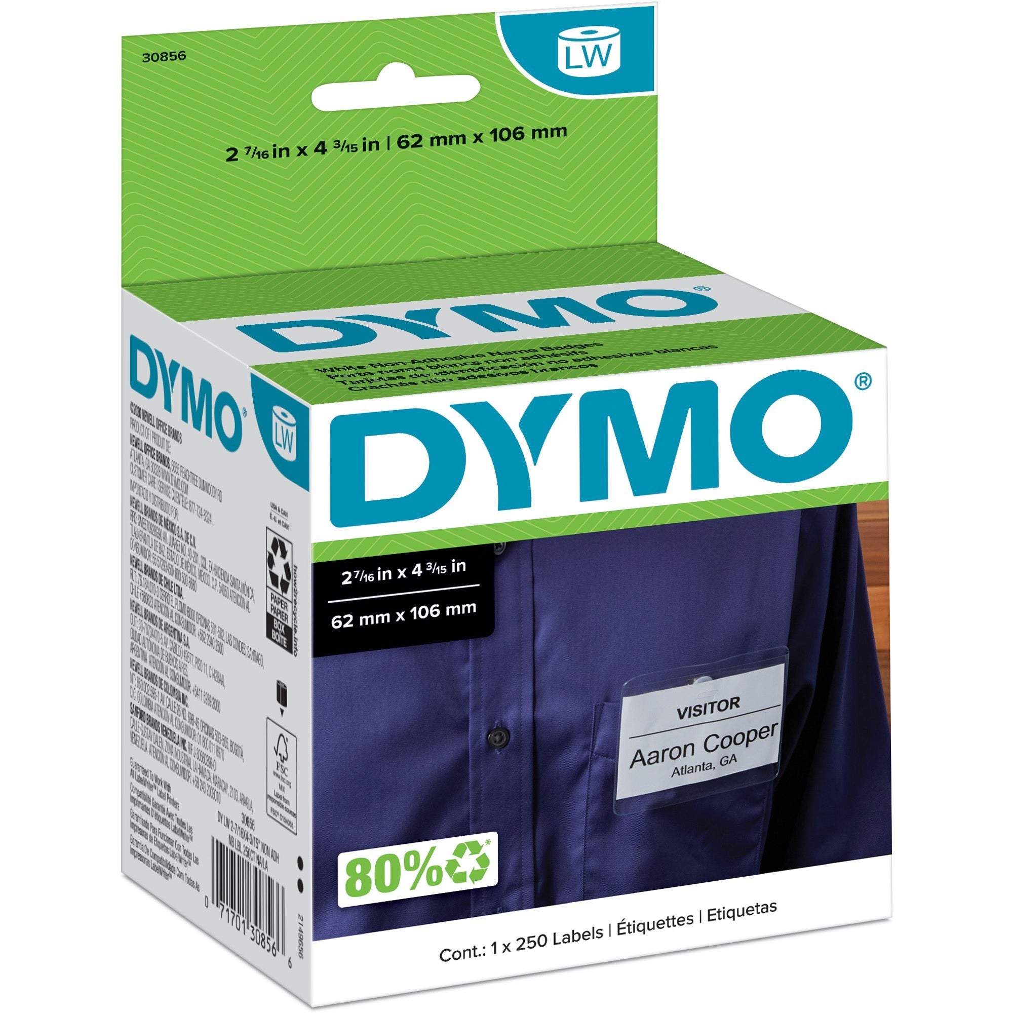 2 7/16" Width x 4 3/16" Length - Rectangle - White - 250 / Roll - 250 / Roll
