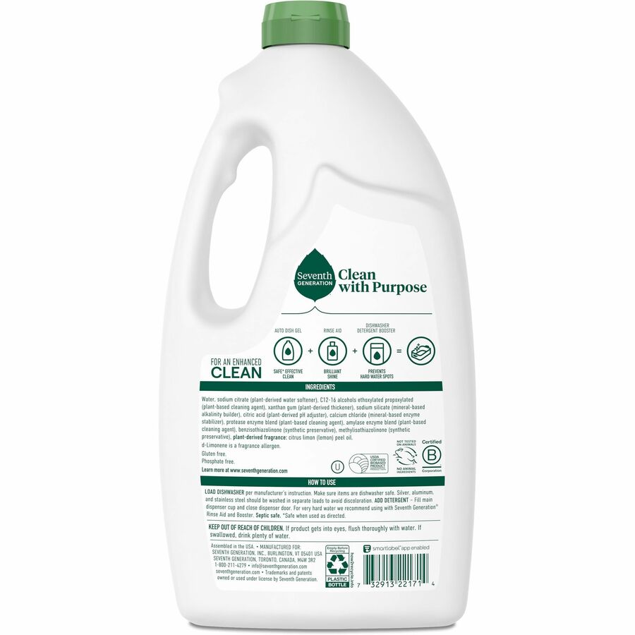 Seventh Generation Dishwasher Detergent - 42 oz (2.62 lb) - Lemon Scent - Non-toxic, Chlorine-free, Anti-septic, Phosphate-free, Lemon Scent, Dye-free - Clear - 1 Each