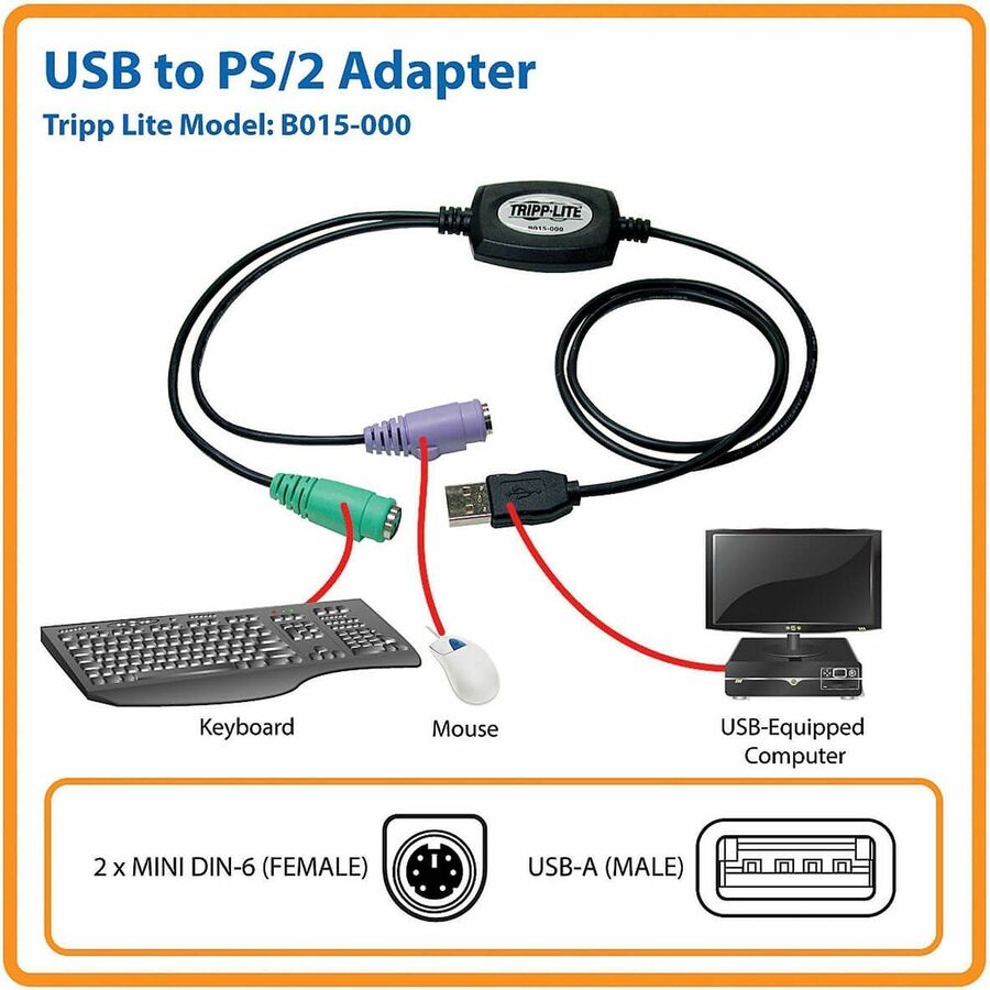 (PS/2)/USB Data Transfer Cable - First End: 1 x 4-pin USB Type A - Male - Second End: 6-pin Mini-DIN (PS/2)