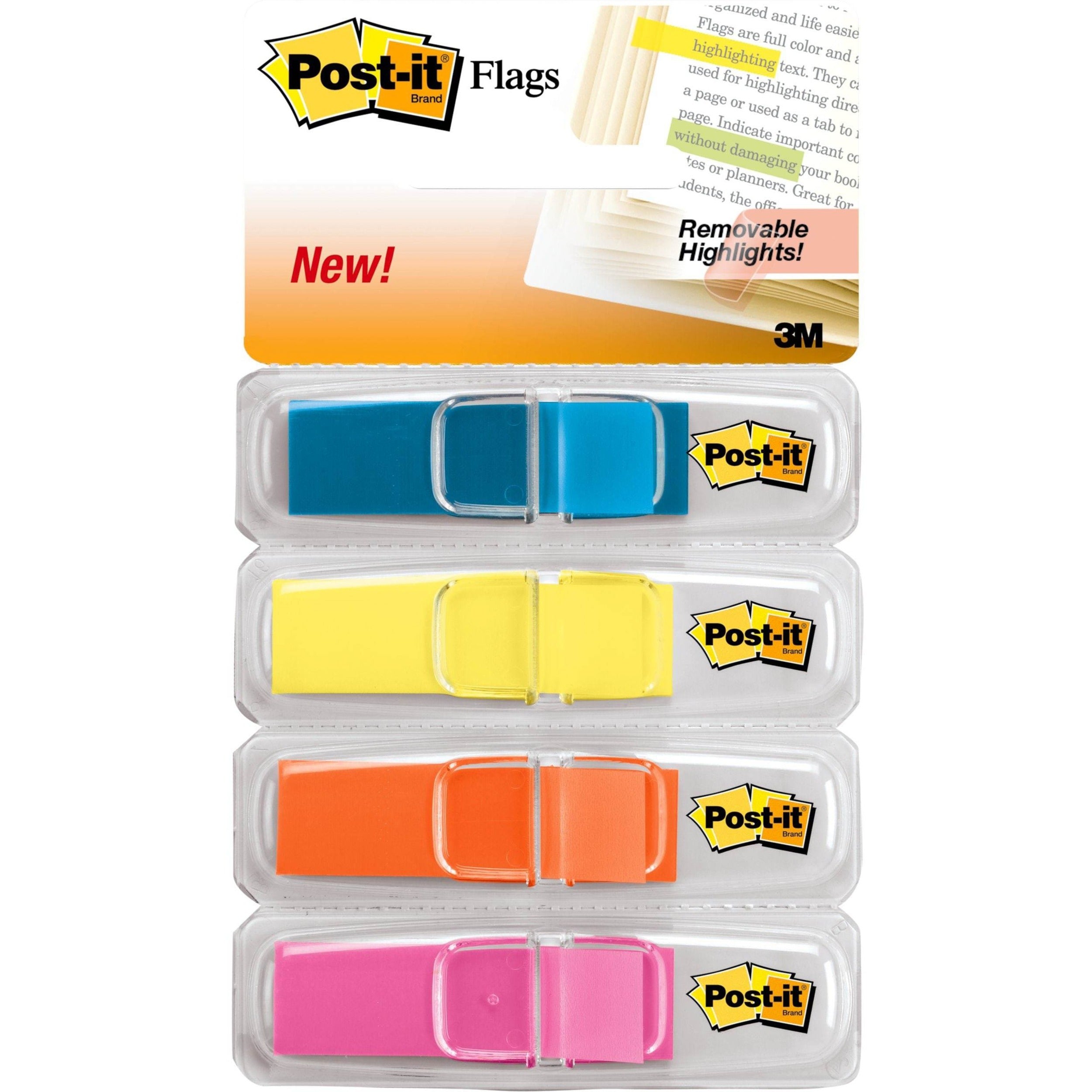 Post-it&reg; Flags - 1/2" Flag/Note Width x 1 3/4" Flag/Note Length - Rectangle - Unruled - Blue, Pink, Yellow, Orange - Removable, Self-adhesive, Residue-free, Repositionable - Dispenser Included - 4 / Pack