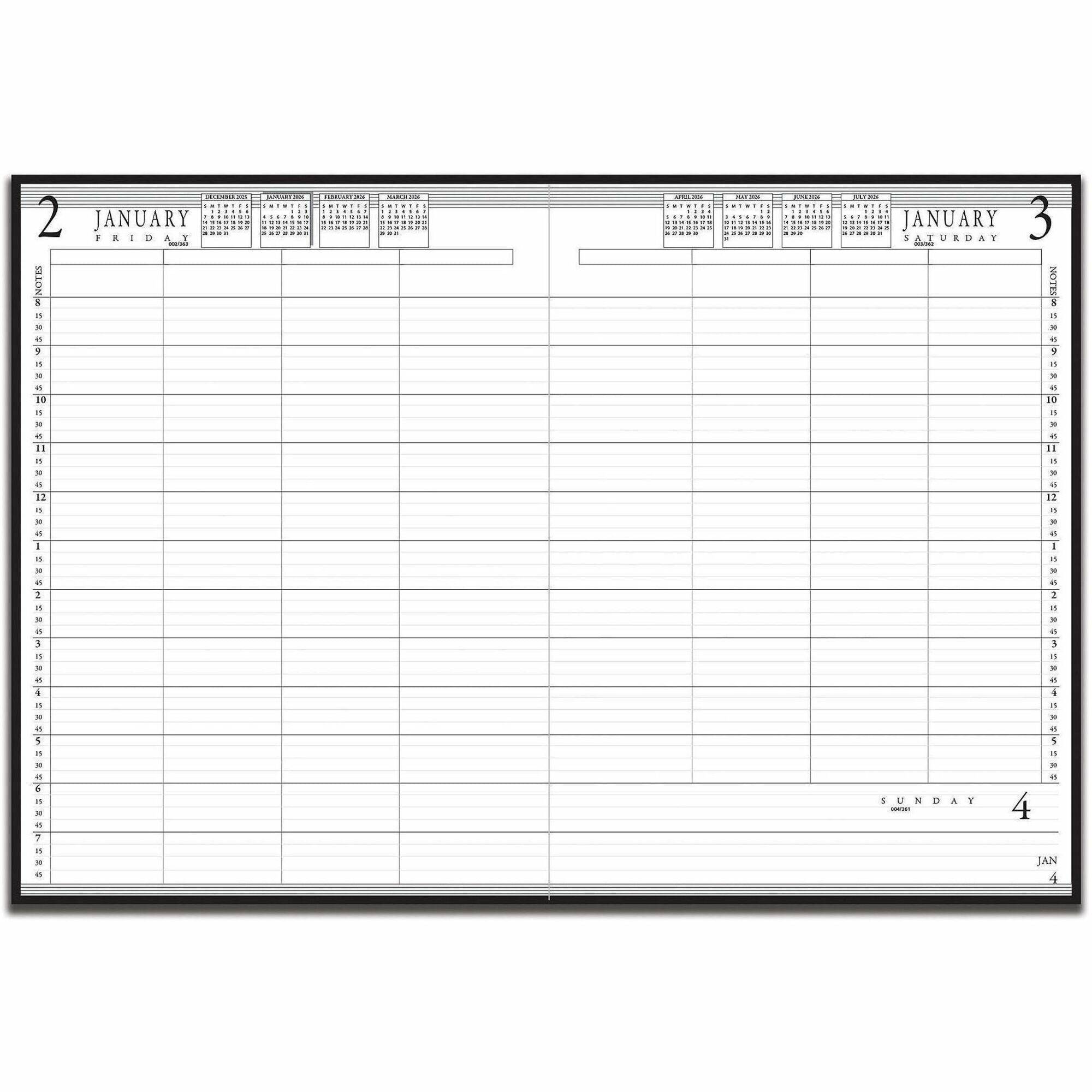 Julian Dates - Daily - 1 Year - January 2026 to December 2026 - 8:00 AM to 7:00 PM - Quarter-hourly - 1 Week Single Page Layout - 8" x 11" Sheet Size - Wire Bound - Leather, Paper - Black Cover - 1 Each