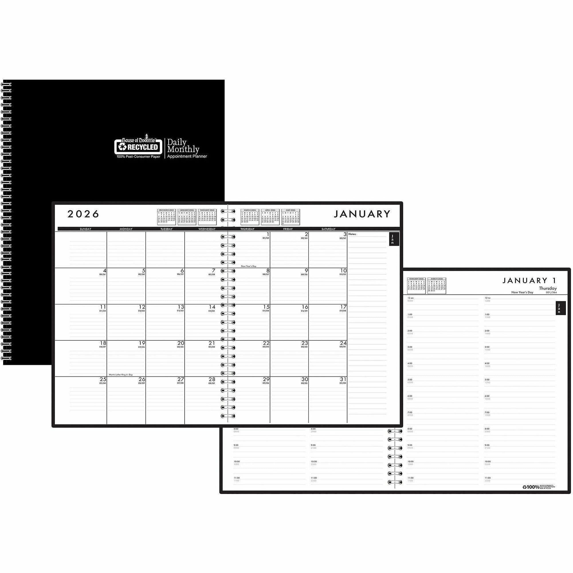 Julian Dates - Daily, Monthly - 12 Month - January 2026 to December 2026 - Hourly - 1 Day Single Page Layout - 1 Month Double Page Layout - 7" x 10" Sheet Size - Wire Bound - Leather, Paper - Blue Cover - 1 Each