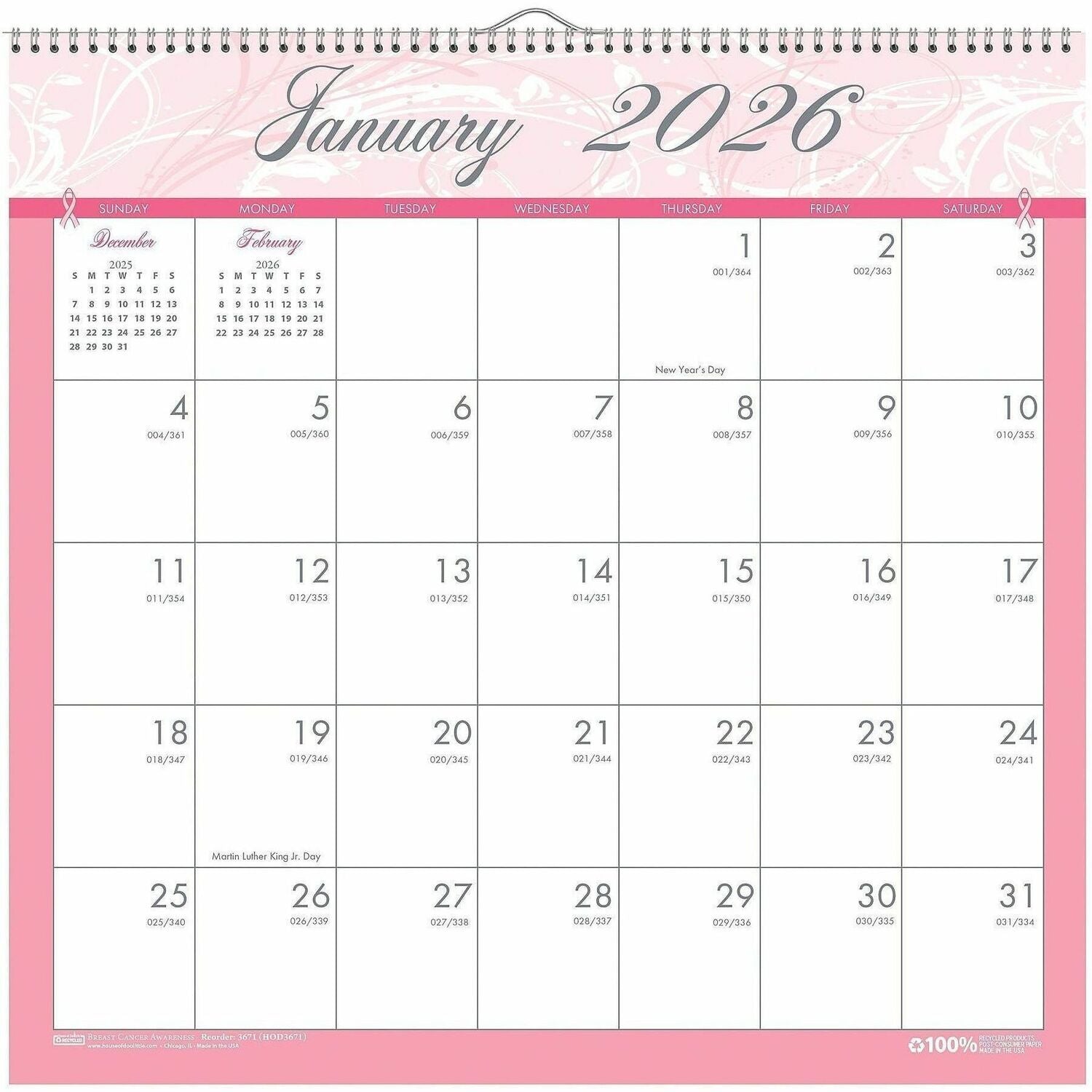 Julian Dates - Monthly - 1 Year - January 2026 to December 2026 - 1 Month Single Page Layout - 12" x 12" Sheet Size - 1.75" x 1.50" Block - Wire Bound - Pink - Paper - Reference Calendar, Eyelet - 1 Each