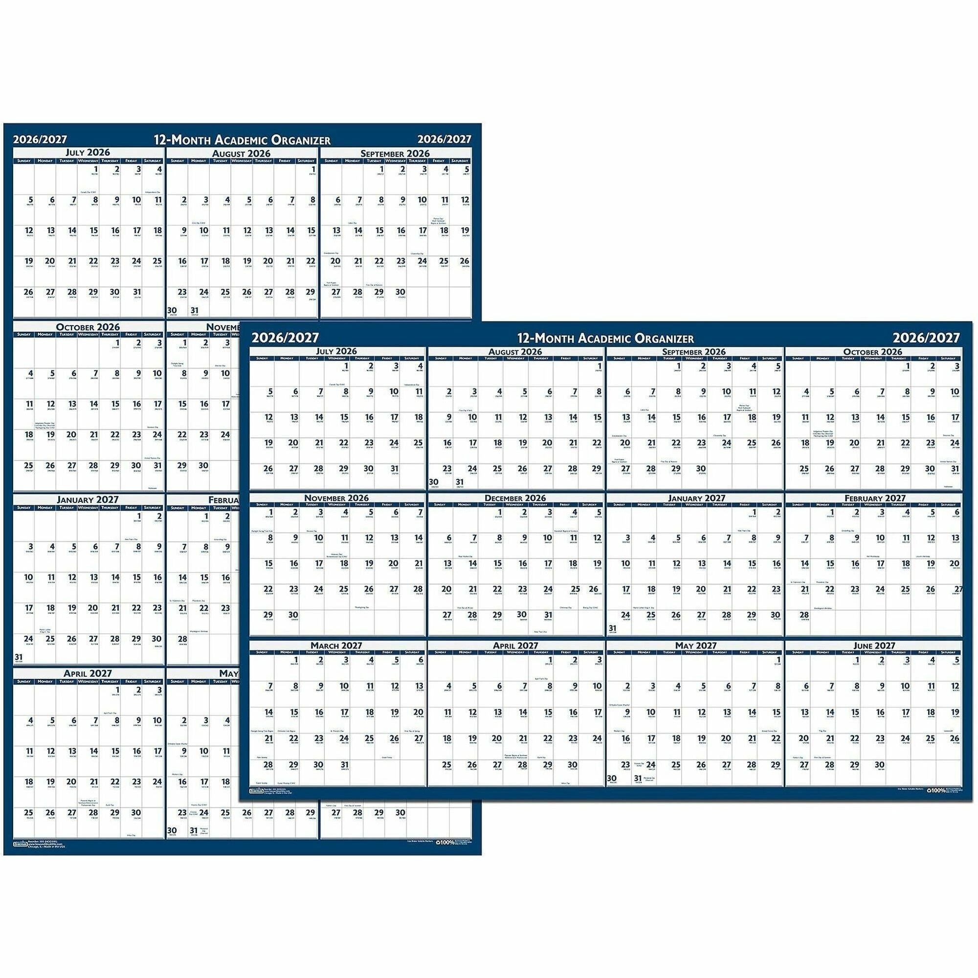Julian Dates - Yearly - 1 Year - July 2025 to June 2026 - 24" x 37" Sheet Size - 1.13" x 1.63" , 1.25" x 1.38" Block - Blue, Gray - Paper - Laminated, Erasable, Write on/Wipe off - 1 Each