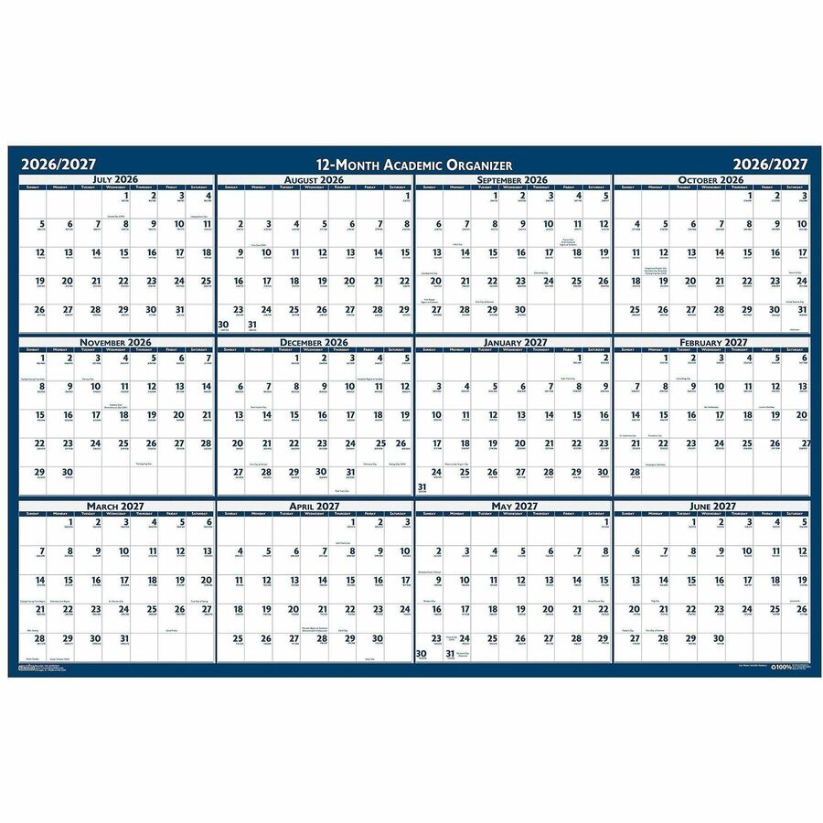 Julian Dates - Yearly - 1 Year - July 2025 to June 2026 - 24" x 37" Sheet Size - 1.13" x 1.63" , 1.25" x 1.38" Block - Blue, Gray - Paper - Laminated, Erasable, Write on/Wipe off - 1 Each