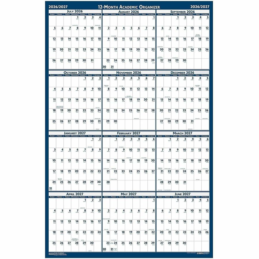 Julian Dates - Yearly - 1 Year - July 2025 to June 2026 - 24" x 37" Sheet Size - 1.13" x 1.63" , 1.25" x 1.38" Block - Blue, Gray - Paper - Laminated, Erasable, Write on/Wipe off - 1 Each