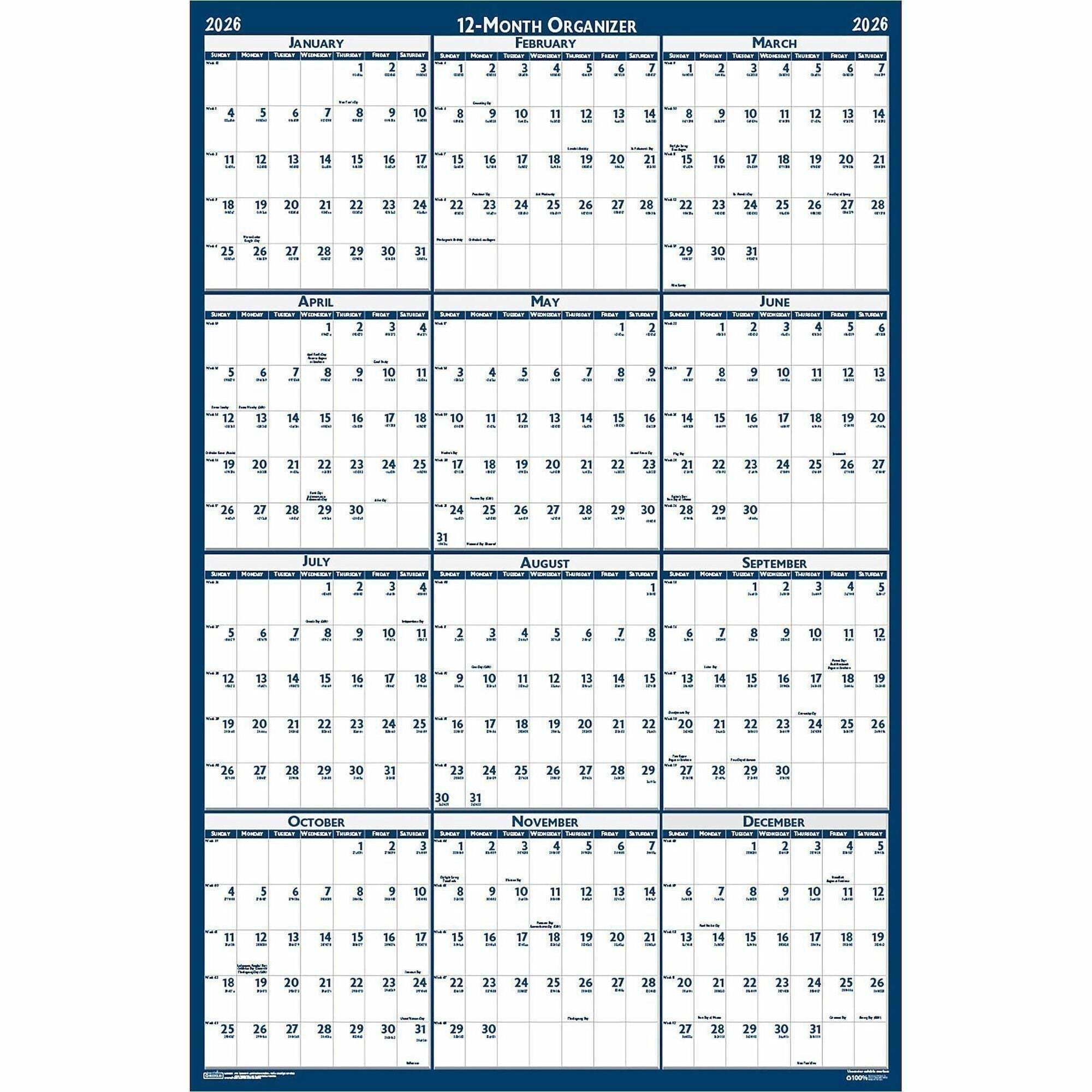 Julian Dates - Yearly - 12 Month - January 2026 to December 2026 - 66" x 33" Sheet Size - 2" x 2.25" Block - Blue, Gray - Paper - Laminated - 1 Each