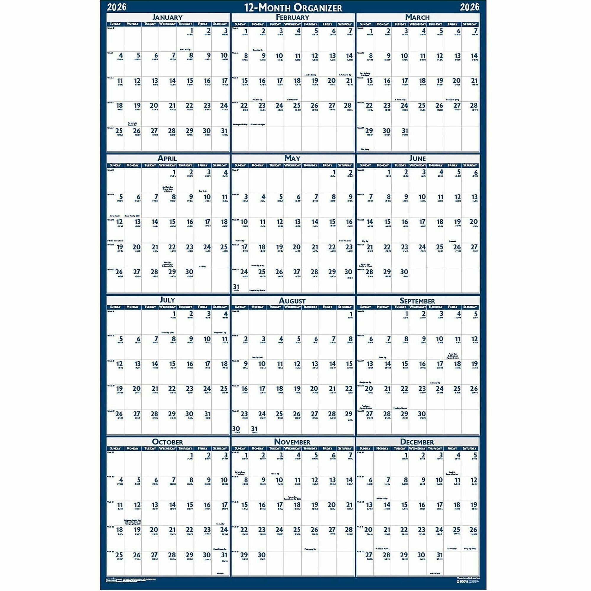 House of Doolittle Write-on Laminated Wall Planner, 12-Month, January-December 2026, 18" x 24", Blue/Gray, Erasable, 1 Each