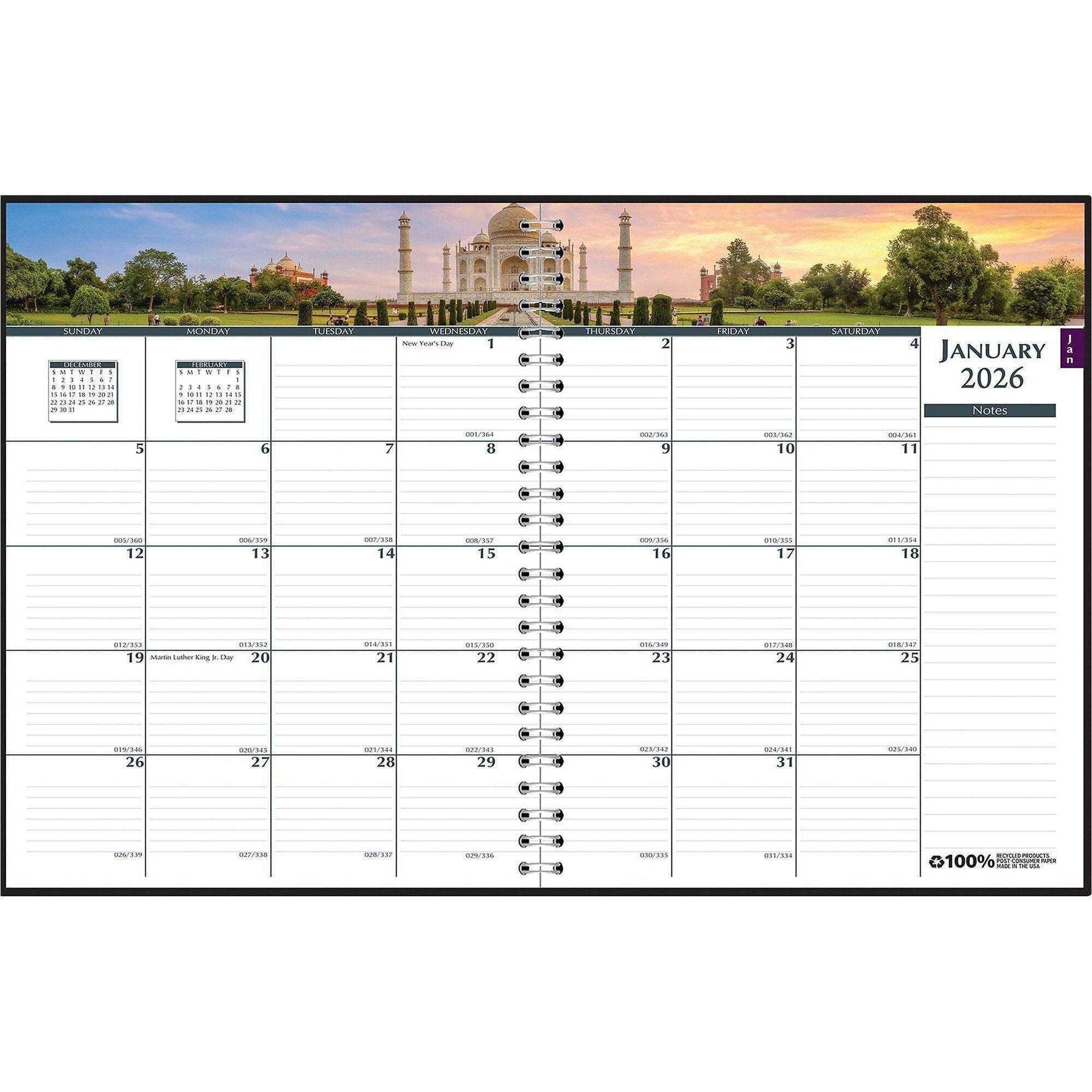 Julian Dates - Weekly, Monthly - 1 Year - January 2026 to December 2026 - 8:00 AM to 5:00 PM - Hourly - 7" x 10" Sheet Size - Wire Bound - Paper - Black Cover - 1 Each