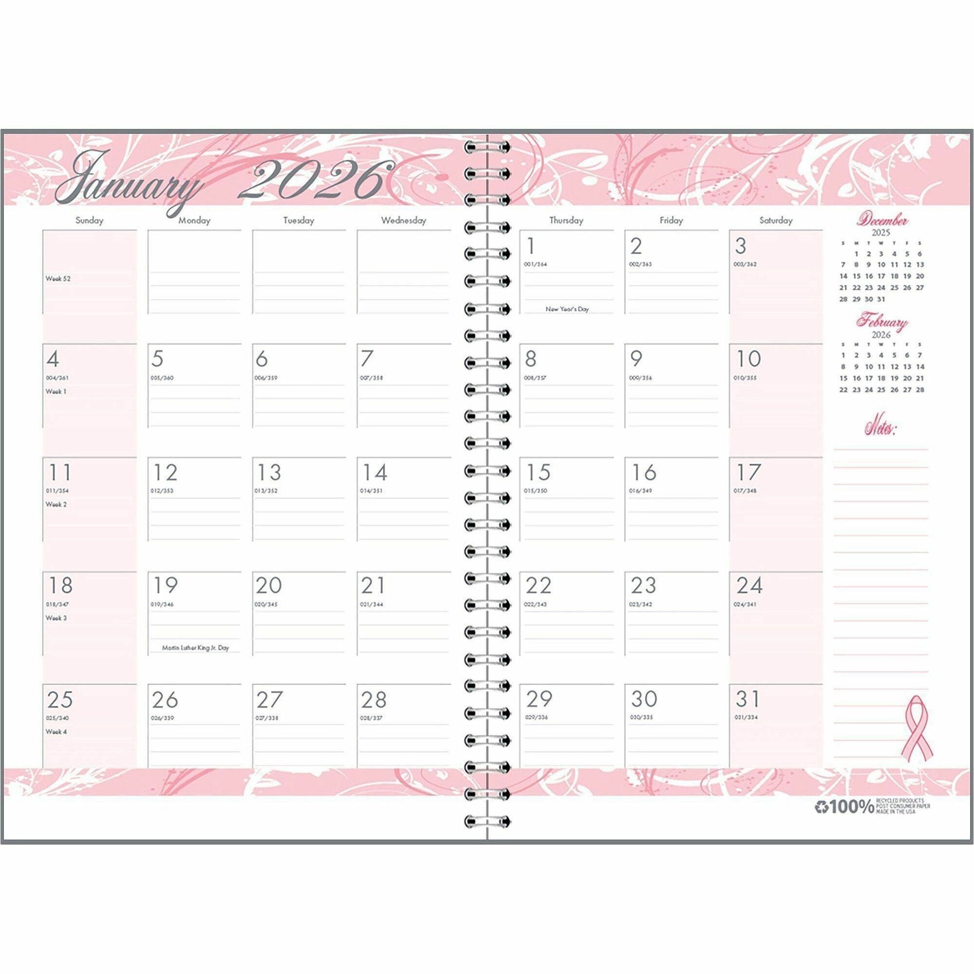 Julian Dates - Monthly - 12 Month - January 2026 to December 2026 - 1 Month Single Page Layout - 7" x 10" Sheet Size - 1.38" x 1.75" Block - Wire Bound - Pink - Hardboard - Laminated - 1 Each