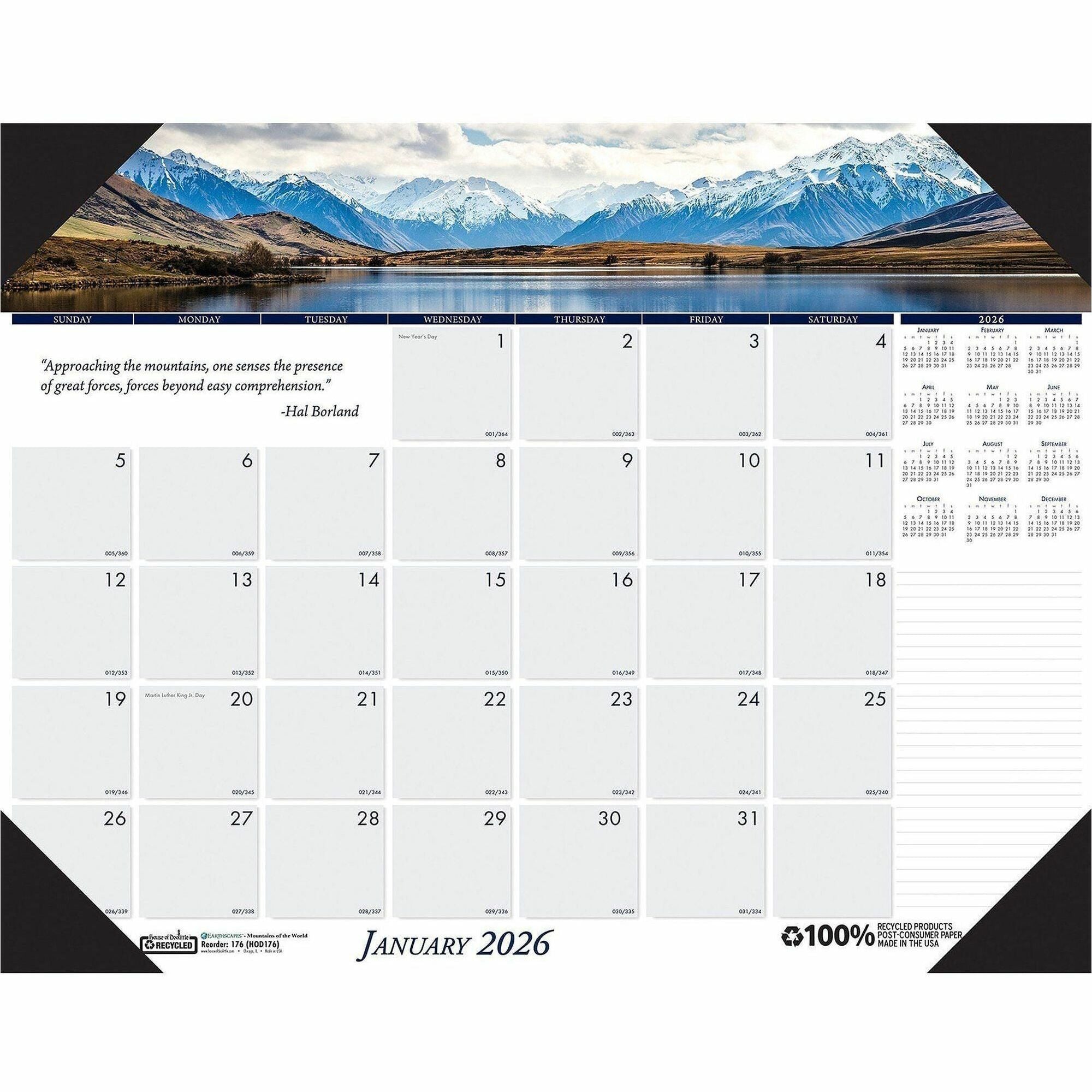 Julian Dates - Monthly - 12 Month - January 2026 to December 2026 - 1 Month Single Page Layout - 22" x 17" Sheet Size - 2.25" x 2.50" Block - Desk Pad - White - Leatherette, Paper - Holder, Reference Calendar, Notepad, Reinforced - 1 Each