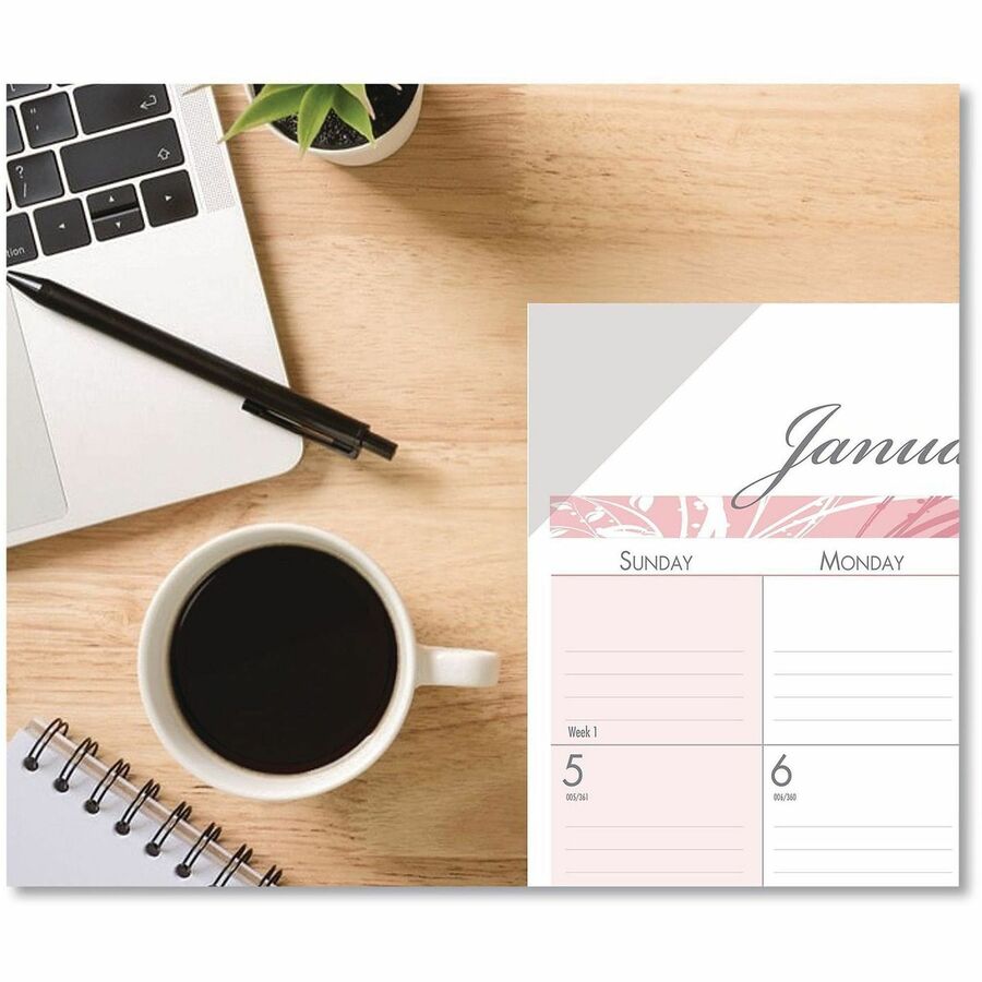 Julian Dates - Monthly - 12 Month - January 2026 to December 2026 - 1 Month Single Page Layout - 18 1/2" x 13" Sheet Size - 2.12" x 1.75" Block - Desk Pad - Pink - Paper, Vinyl - Notepad, Reference Calendar - 1 Each