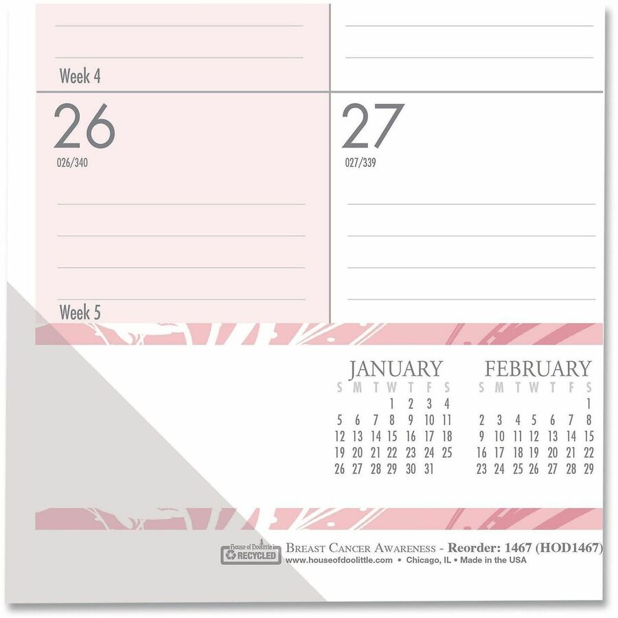 Julian Dates - Monthly - 12 Month - January 2026 to December 2026 - 1 Month Single Page Layout - 18 1/2" x 13" Sheet Size - 2.12" x 1.75" Block - Desk Pad - Pink - Paper, Vinyl - Notepad, Reference Calendar - 1 Each